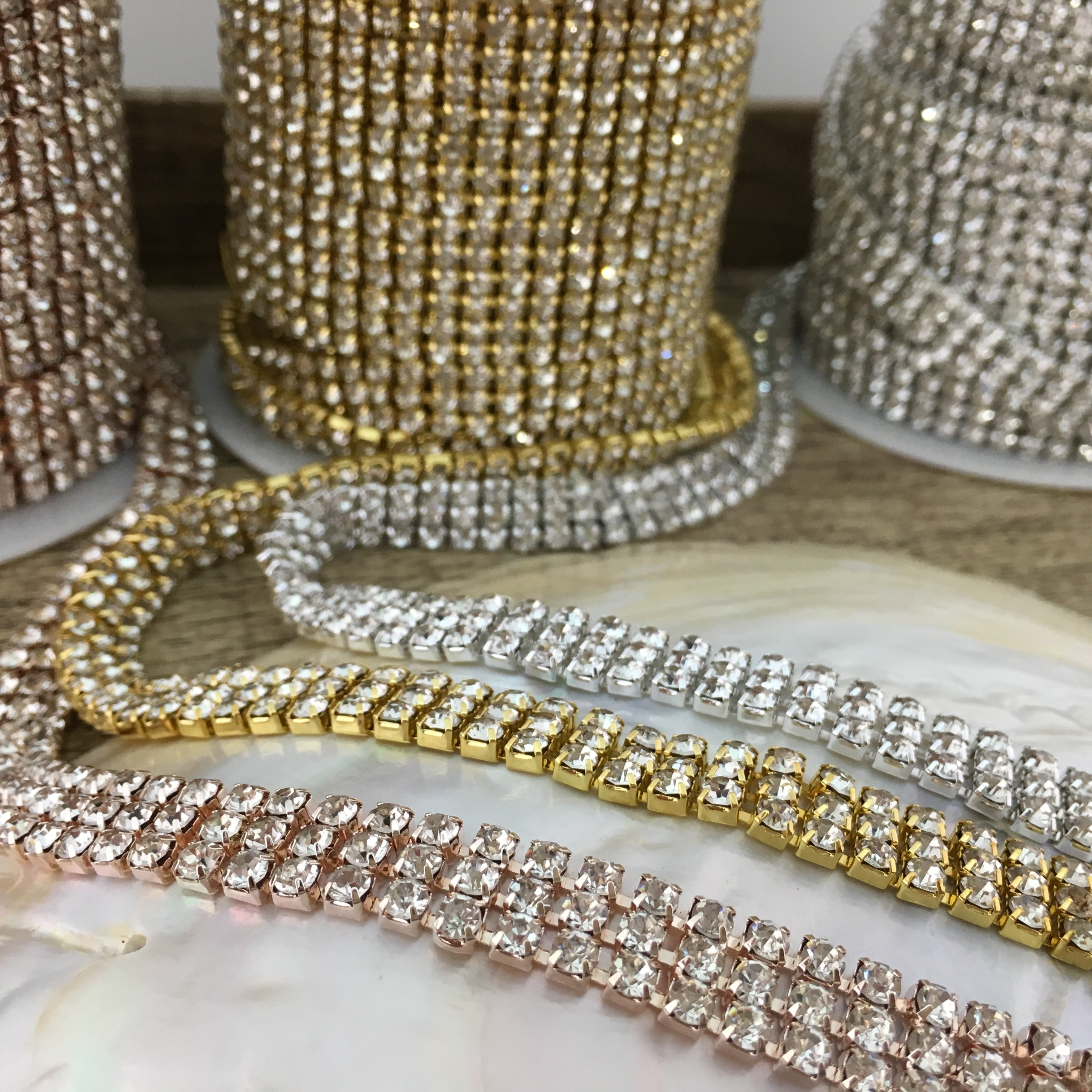 3 Row Silver Rhinestone Chain, Clear Stones | Bellaire Wholesale