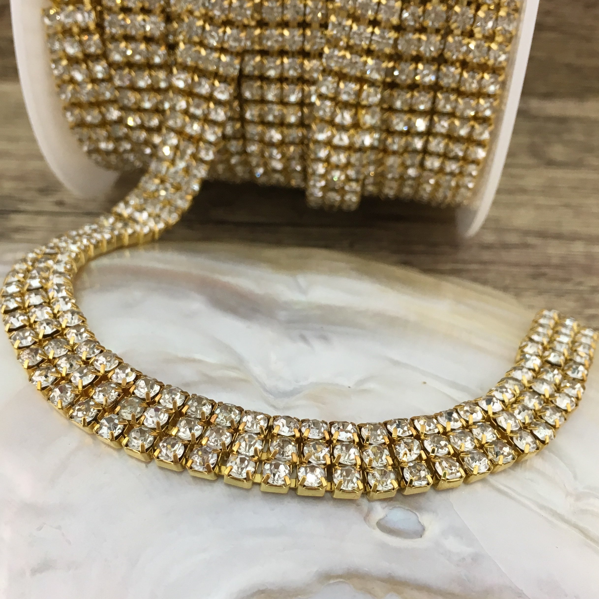 3 Row Gold Rhinestone Chain, Clear Stones | Bellaire Wholesale
