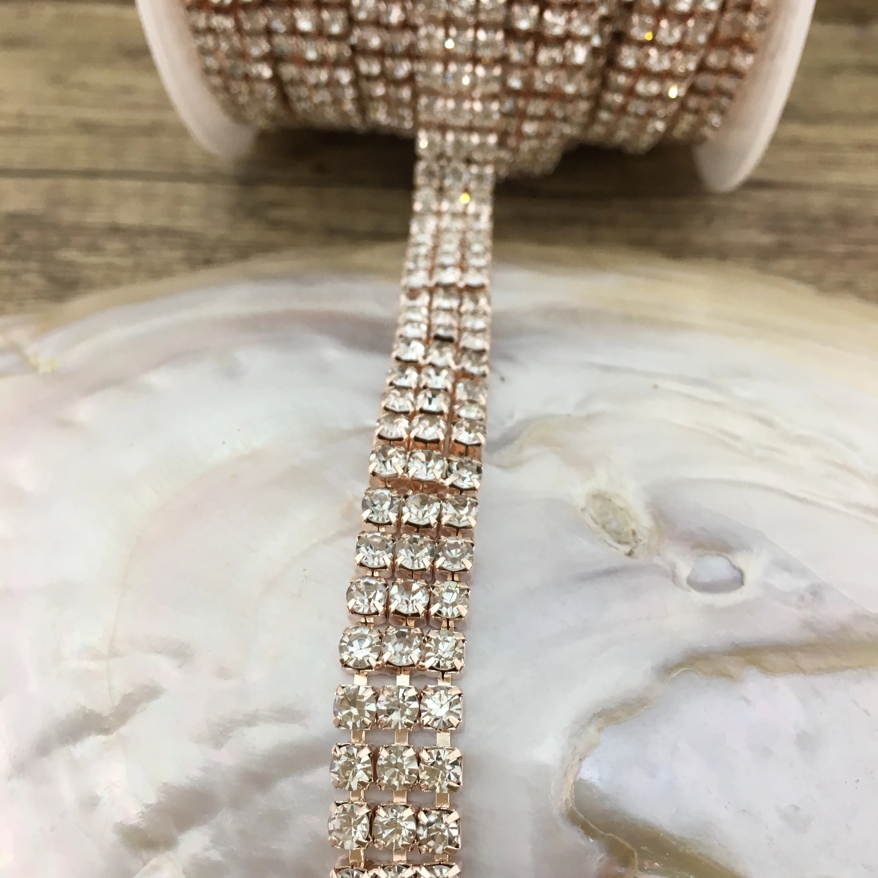 3 Row Rose Gold Rhinestone Chain, Clear Stones | Bellaire Wholesale