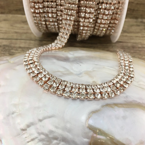 3 Row Rose Gold Rhinestone Chain, Clear Stones | Bellaire Wholesale