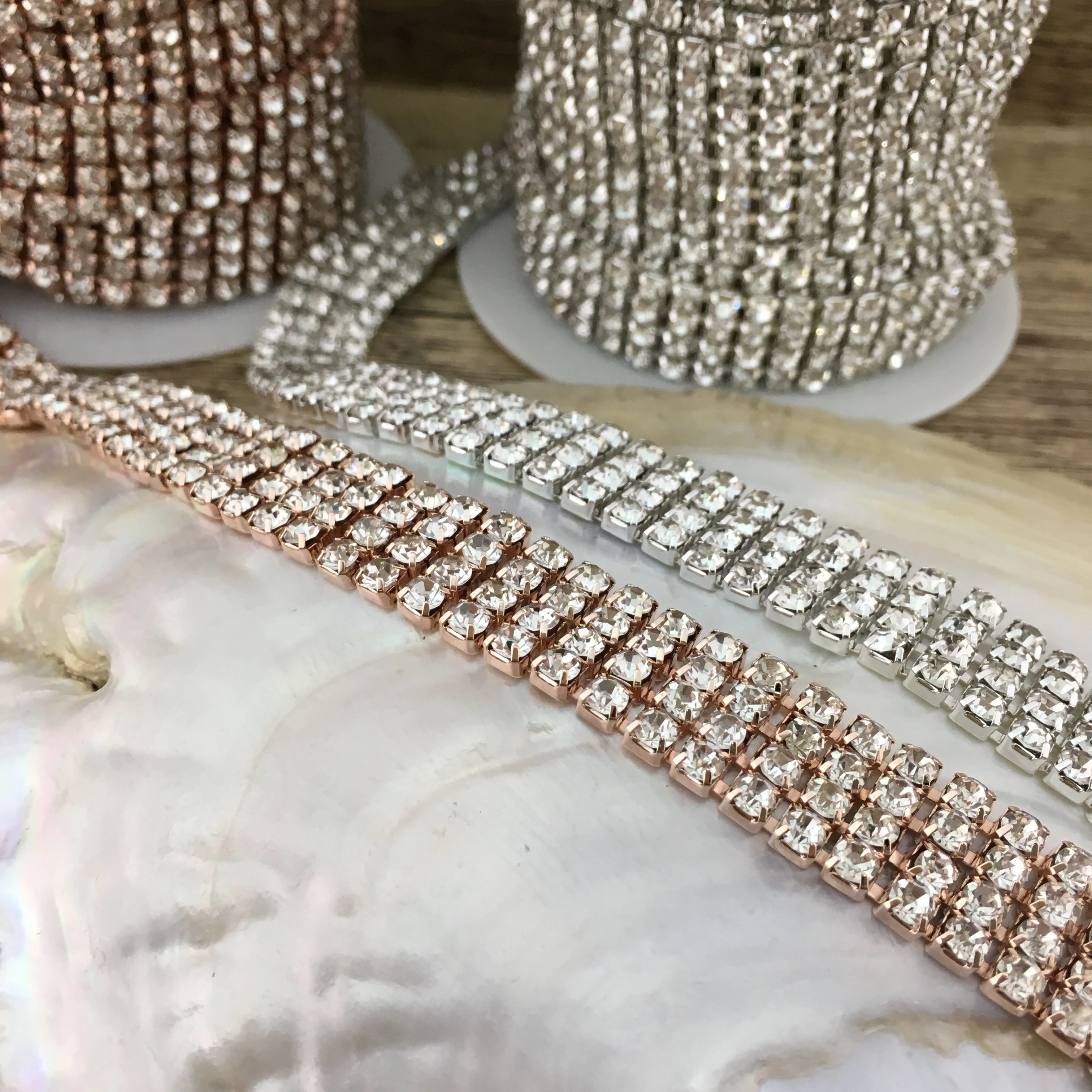 4 Row Rose Gold Rhinestone Chain, Clear Stones | Bellaire Wholesale