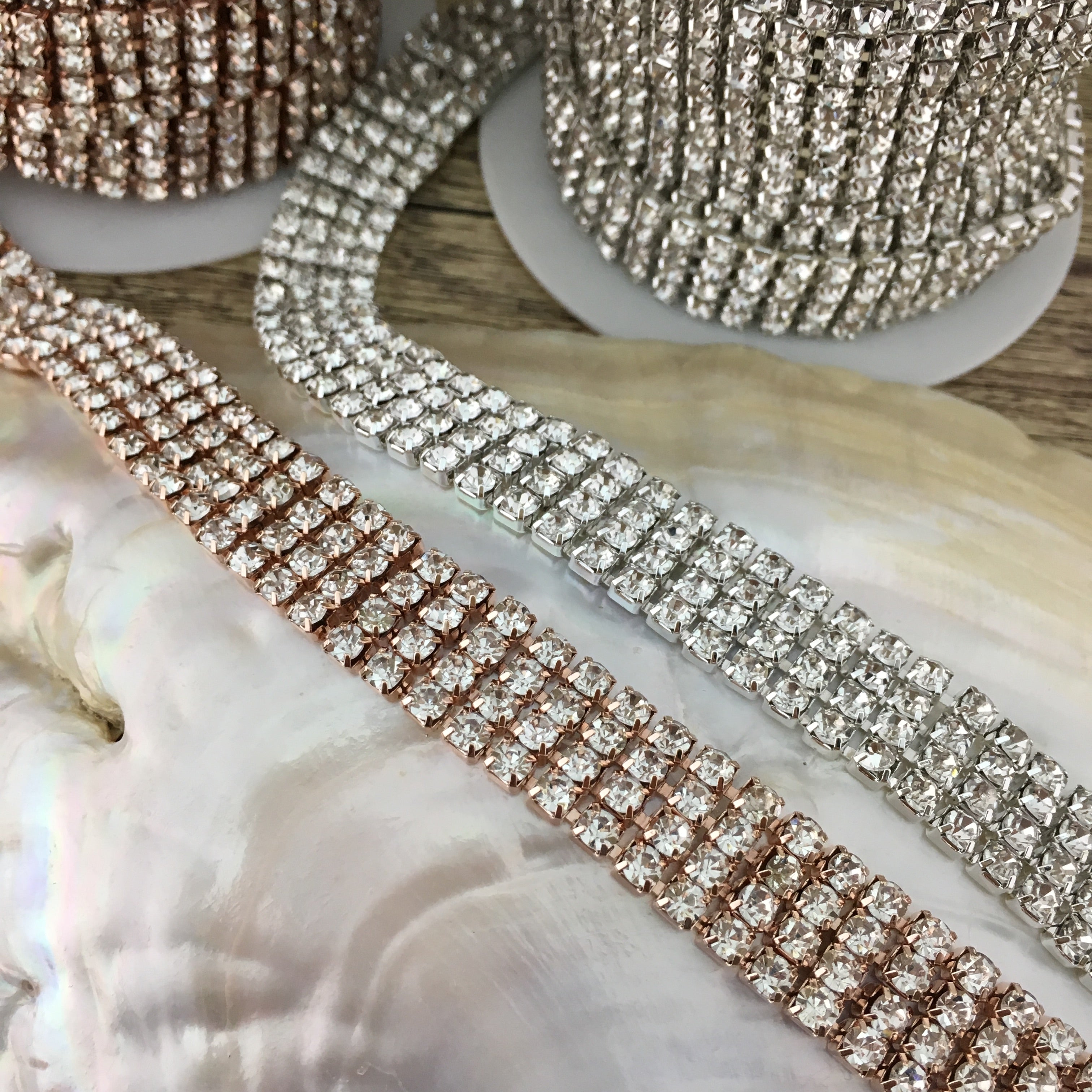 4 Row Gold Rhinestone Chain, Clear Stones | Bellaire Wholesale