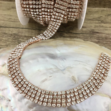 4 Row Rose Gold Rhinestone Chain, Clear Stones | Bellaire Wholesale