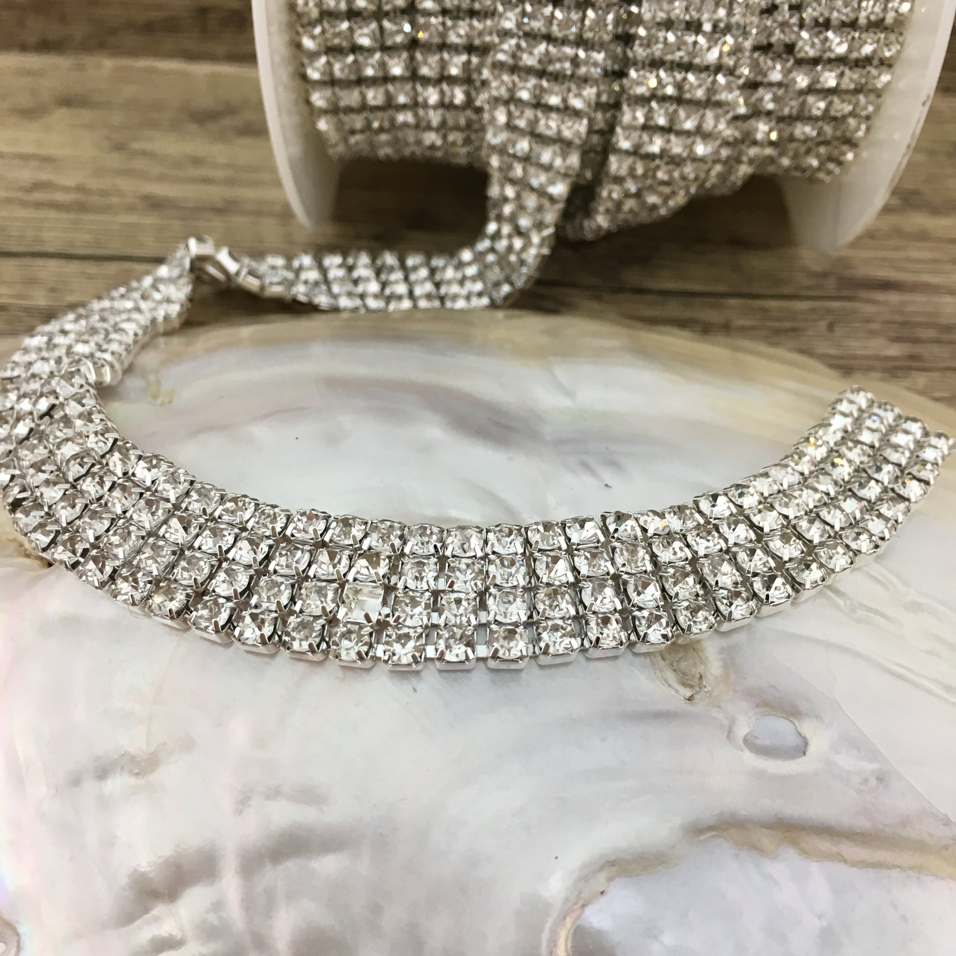 4 Row Silver Rhinestone Chain, Clear Stones | Bellaire Wholesale