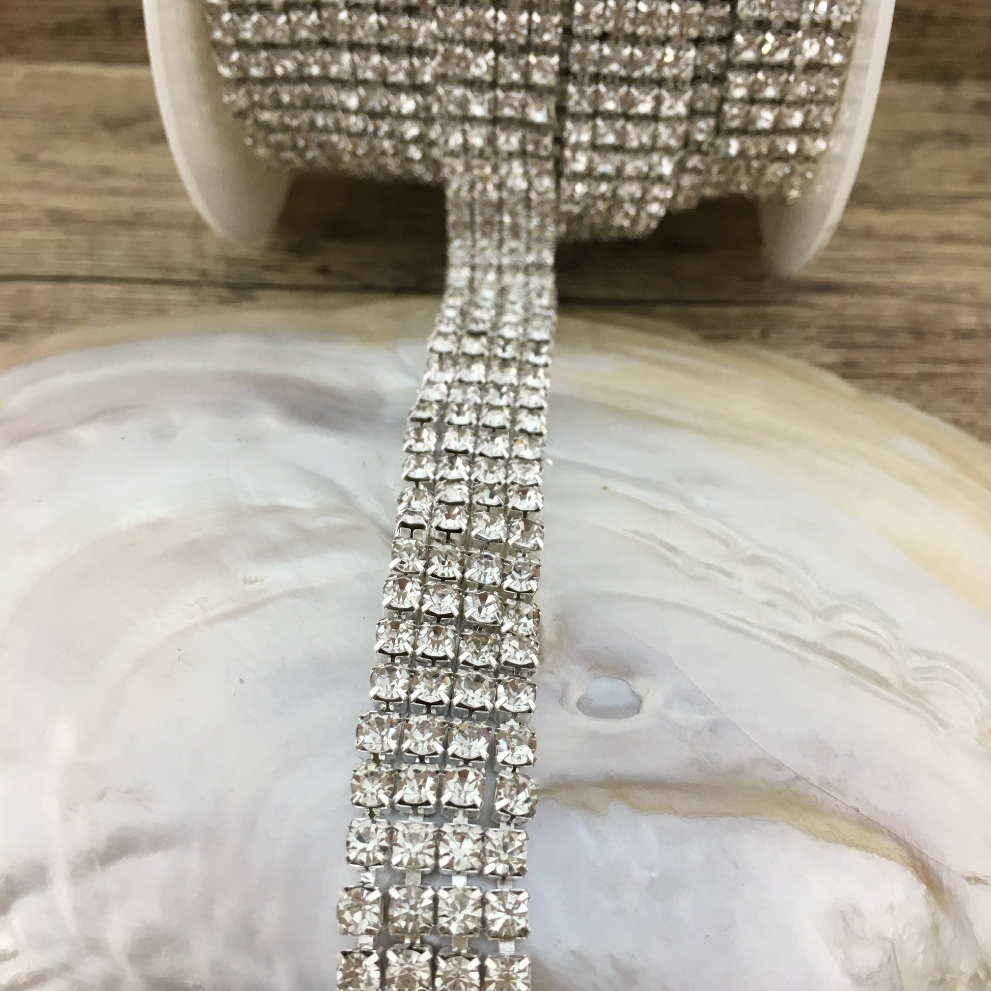 4 Row Silver Rhinestone Chain, Clear Stones | Bellaire Wholesale