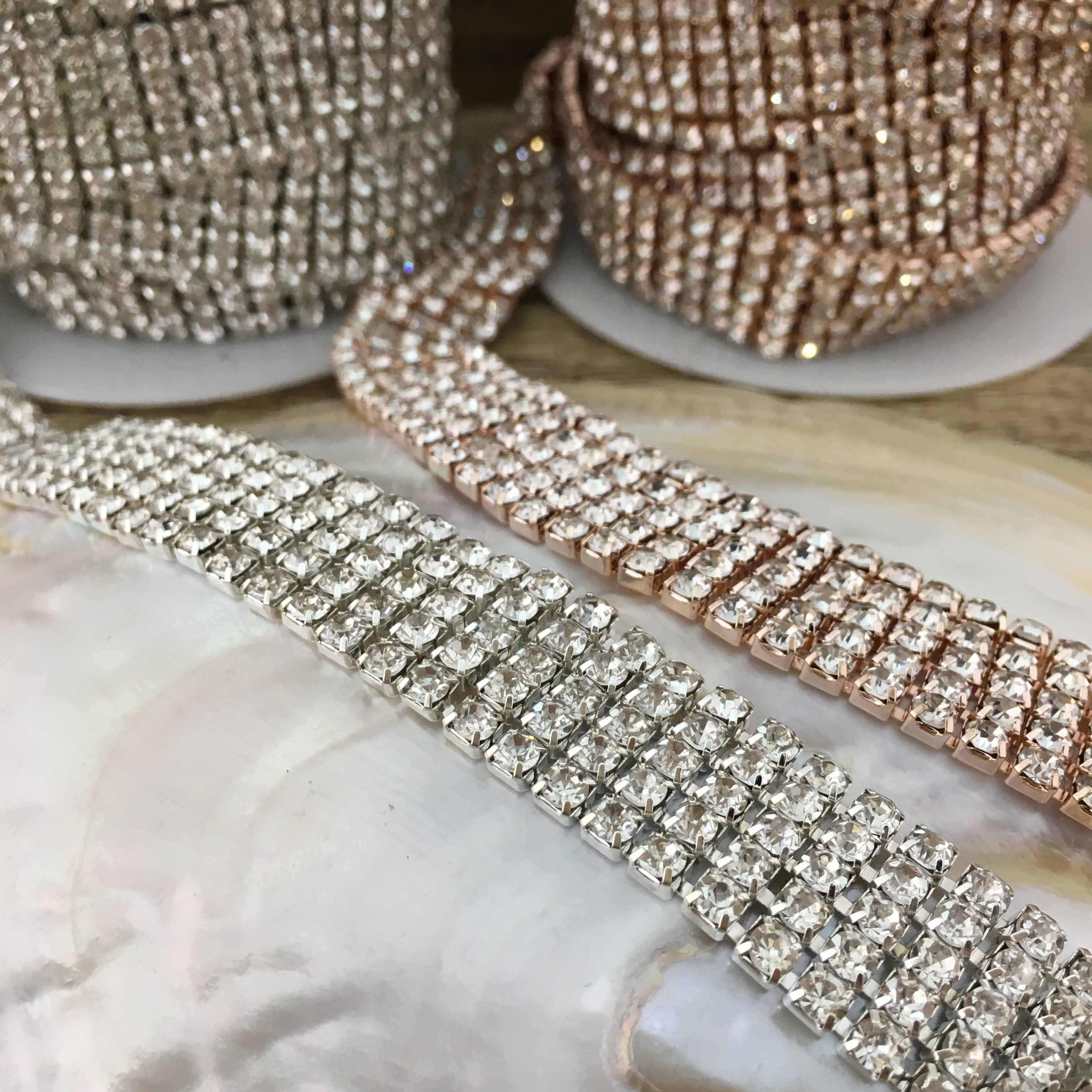 5 Row Rose Gold Rhinestone Chain, Clear Stones | Bellaire Wholesale