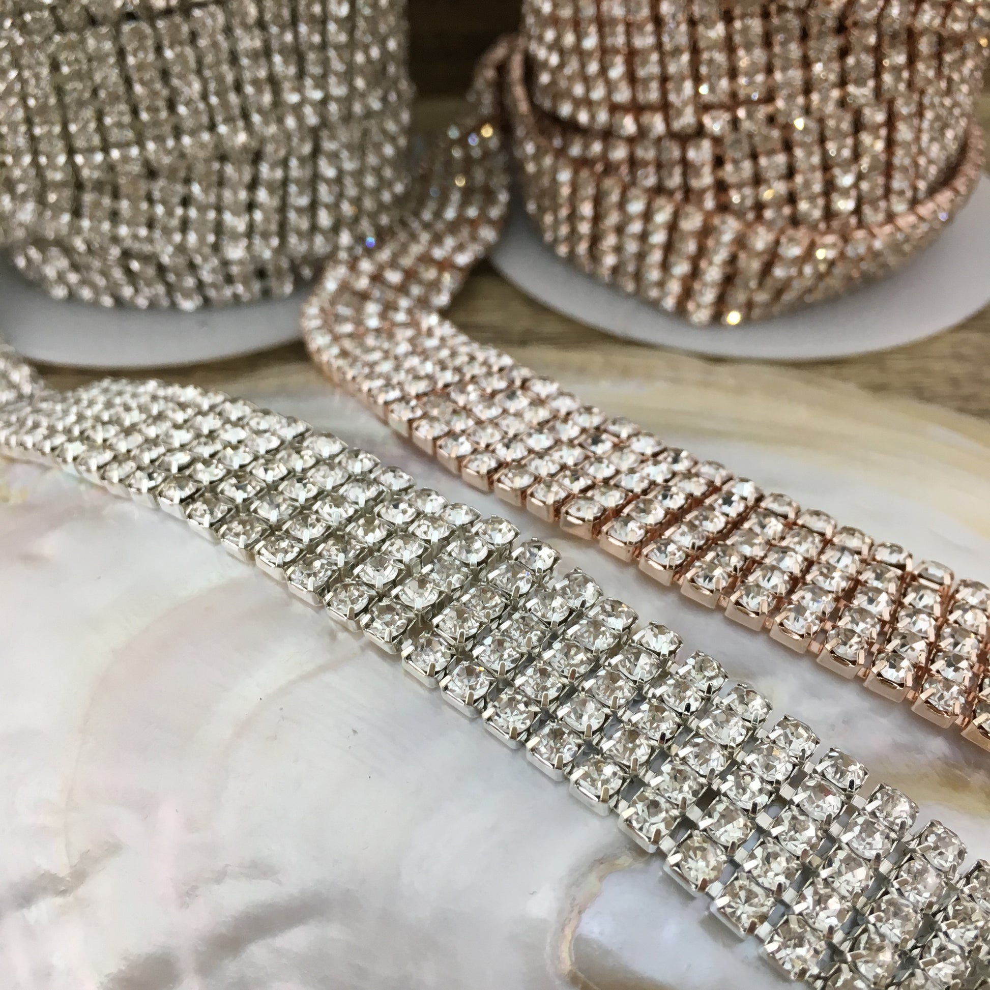 5 Row Silver Rhinestone Chain, Clear Stones | Bellaire Wholesale