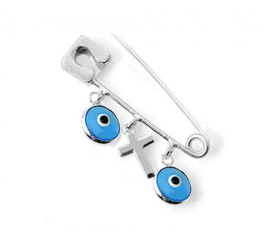 Sterling Silver Blue Evil Eye Safety Pin with Cross | Bellaire Wholesale