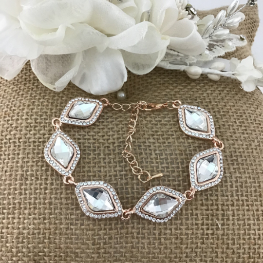 Crystal Diamond Shape Rose Gold Bridal Bracelet | Bellaire Wholesale