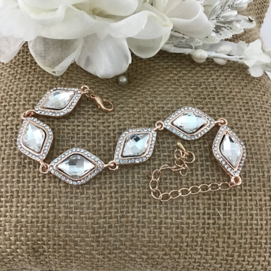 Crystal Diamond Shape Rose Gold Bridal Bracelet | Bellaire Wholesale
