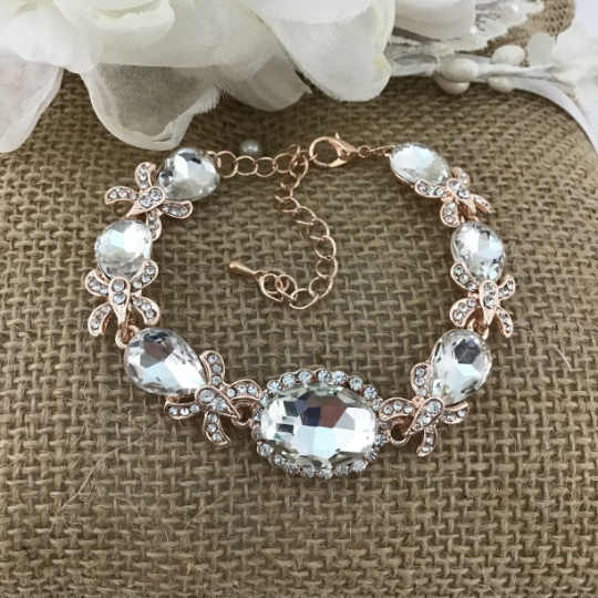 Crystal FancyOval Shape Rose Gold Bridal Bracelet | BellaireWholesale