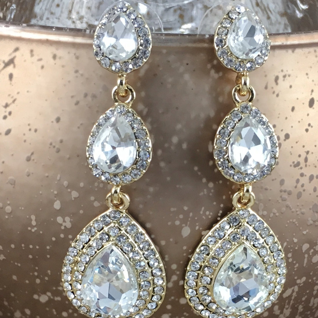 Crystal 3 Tier Teardrop Earrings, Gold | Bellaire Wholesale