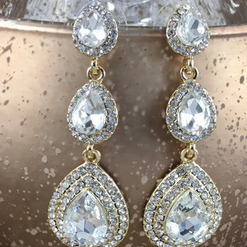 Crystal 3 Tier Teardrop Earrings, Gold | Bellaire Wholesale