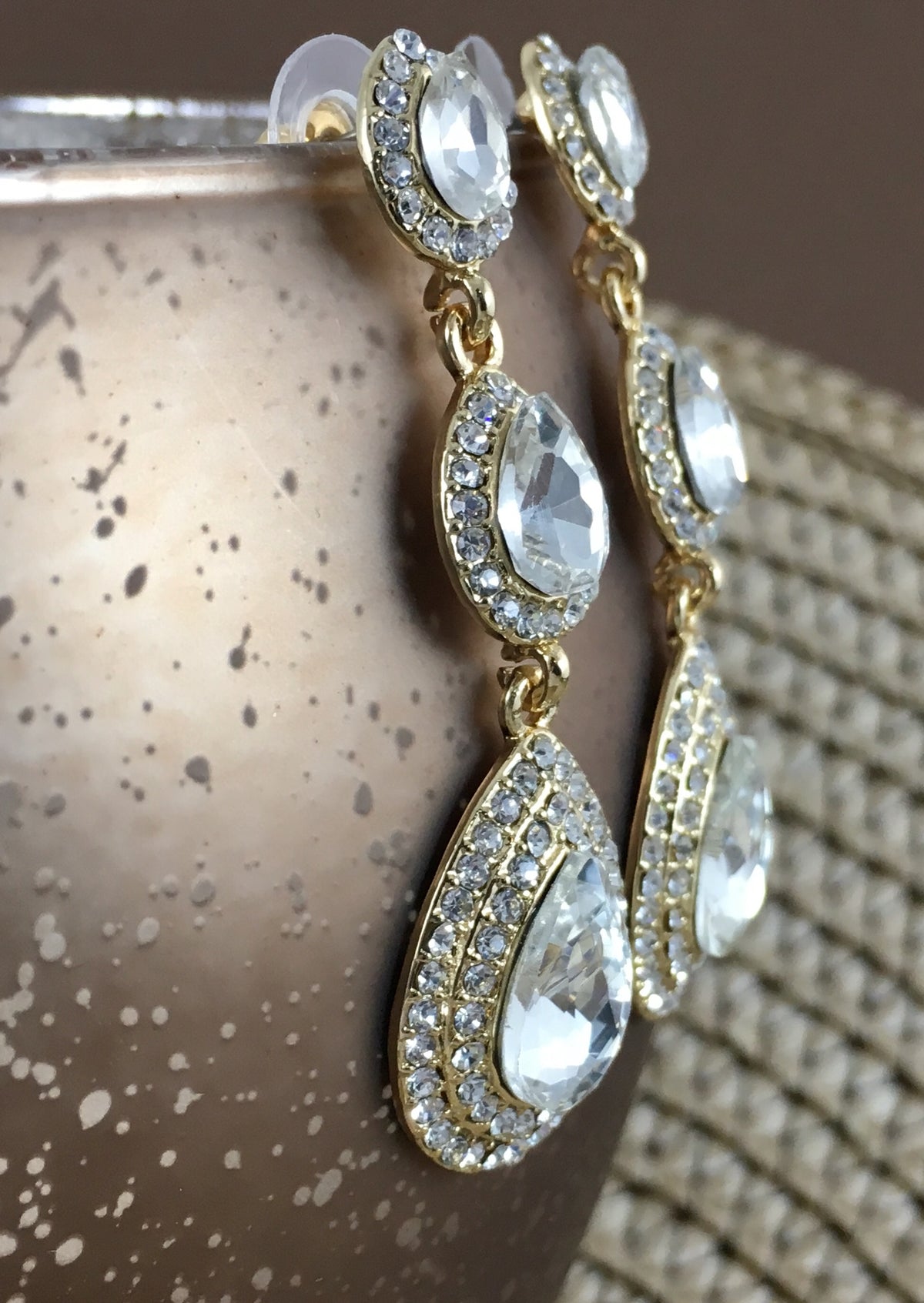 Crystal 3 Tier Teardrop Earrings, Gold | Bellaire Wholesale