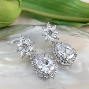 Silver Bridal Cubic Zirconia Earrings, Flower | Bellaire Wholesale