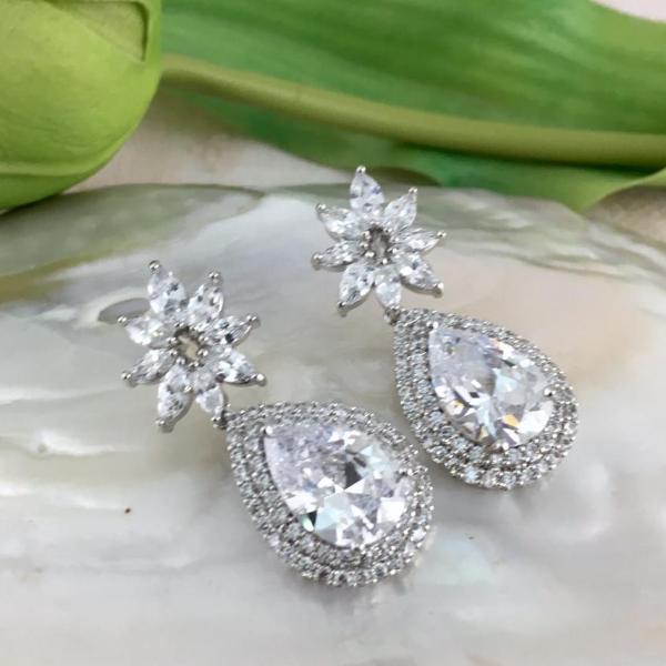 Silver Bridal Cubic Zirconia Earrings, Flower | Bellaire Wholesale