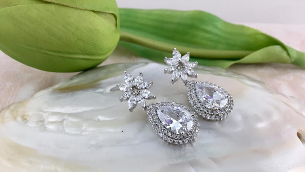 Silver Bridal Cubic Zirconia Earrings, Flower | Bellaire Wholesale