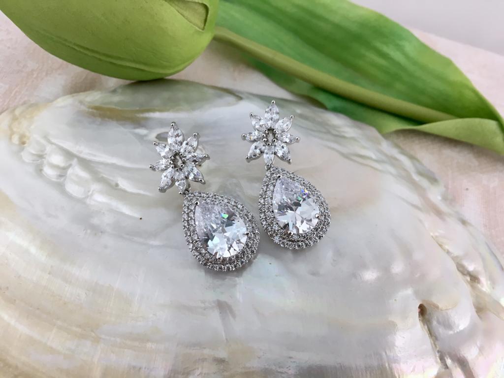 Silver Bridal Cubic Zirconia Earrings, Flower | Bellaire Wholesale