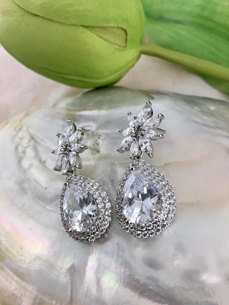 Silver Bridal Cubic Zirconia Earrings, Flower | Bellaire Wholesale