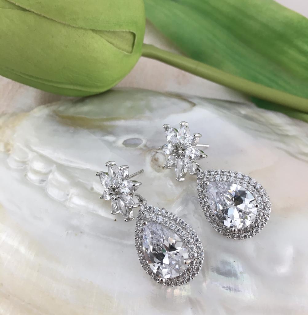 Silver Bridal Cubic Zirconia Earrings, Flower | Bellaire Wholesale