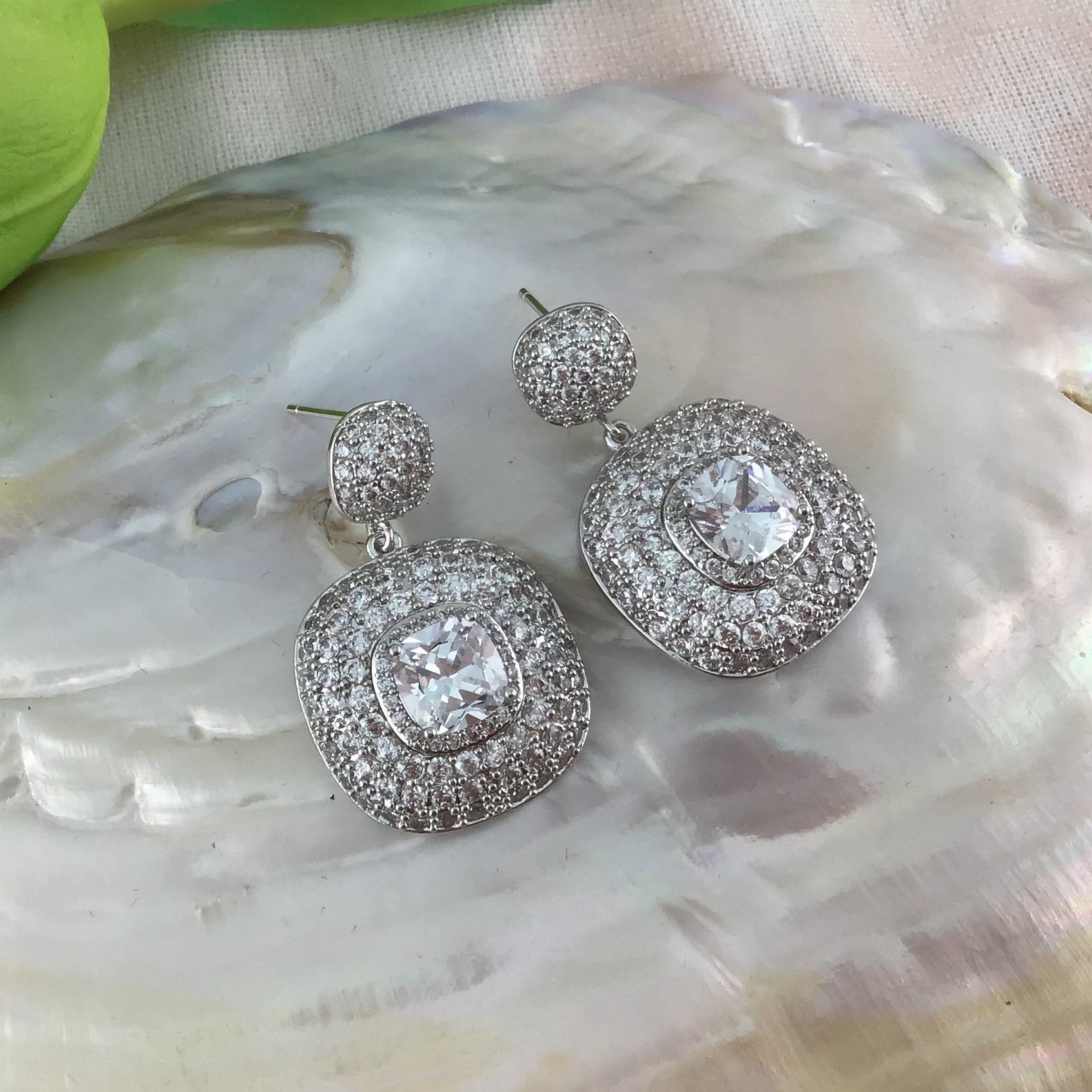 Silver Bridal Cubic Zirconia Earrings, Square, 18K Plated | BellaireWholesale