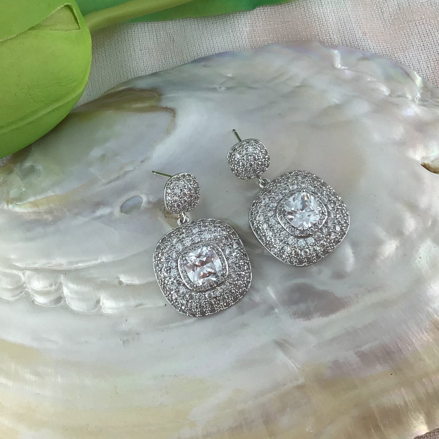 Silver Bridal Cubic Zirconia Earrings, Square, 18K Plated | BellaireWholesale
