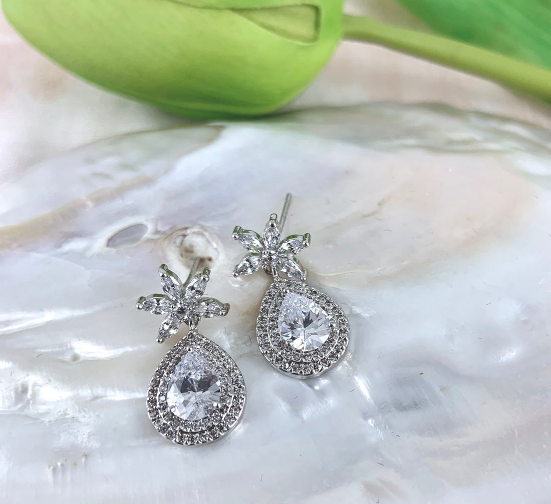 Silver Bridal Cubic Zirconia Earrings, Flower | Bellaire Wholesale