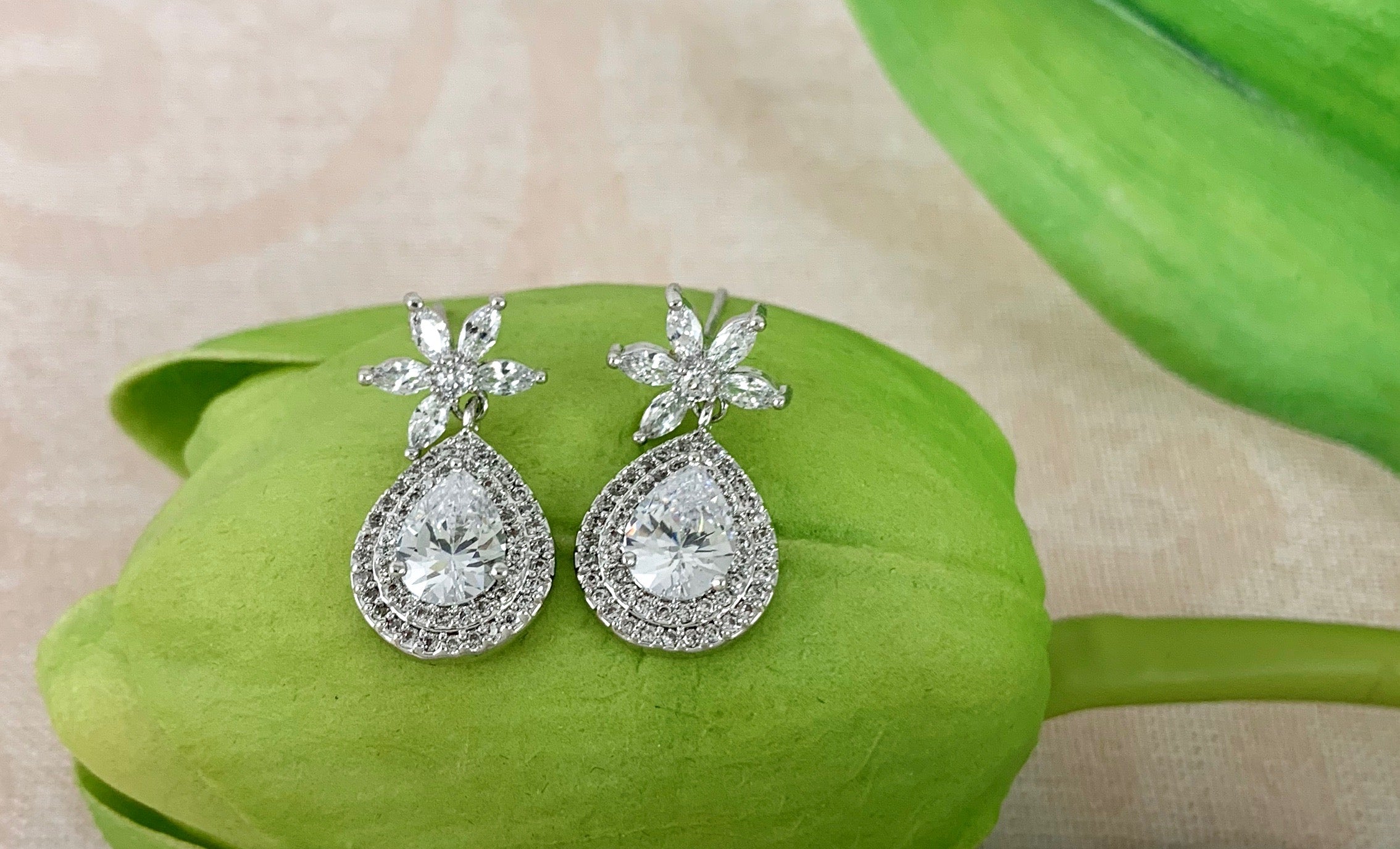 Silver Bridal Cubic Zirconia Earrings, Flower | Bellaire Wholesale