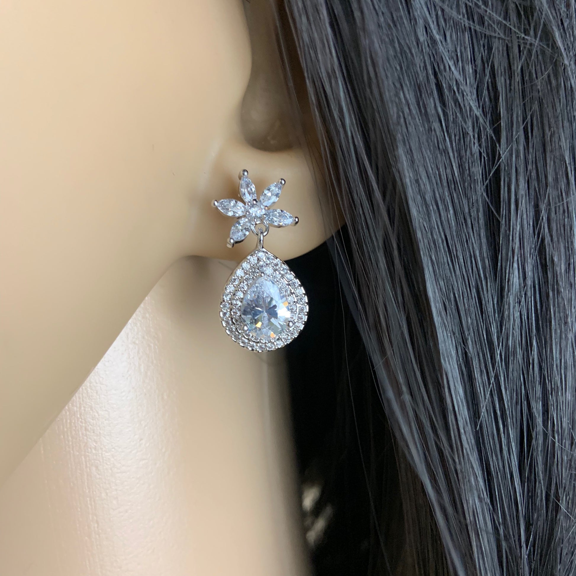 Silver Bridal Cubic Zirconia Earrings, Flower | Bellaire Wholesale