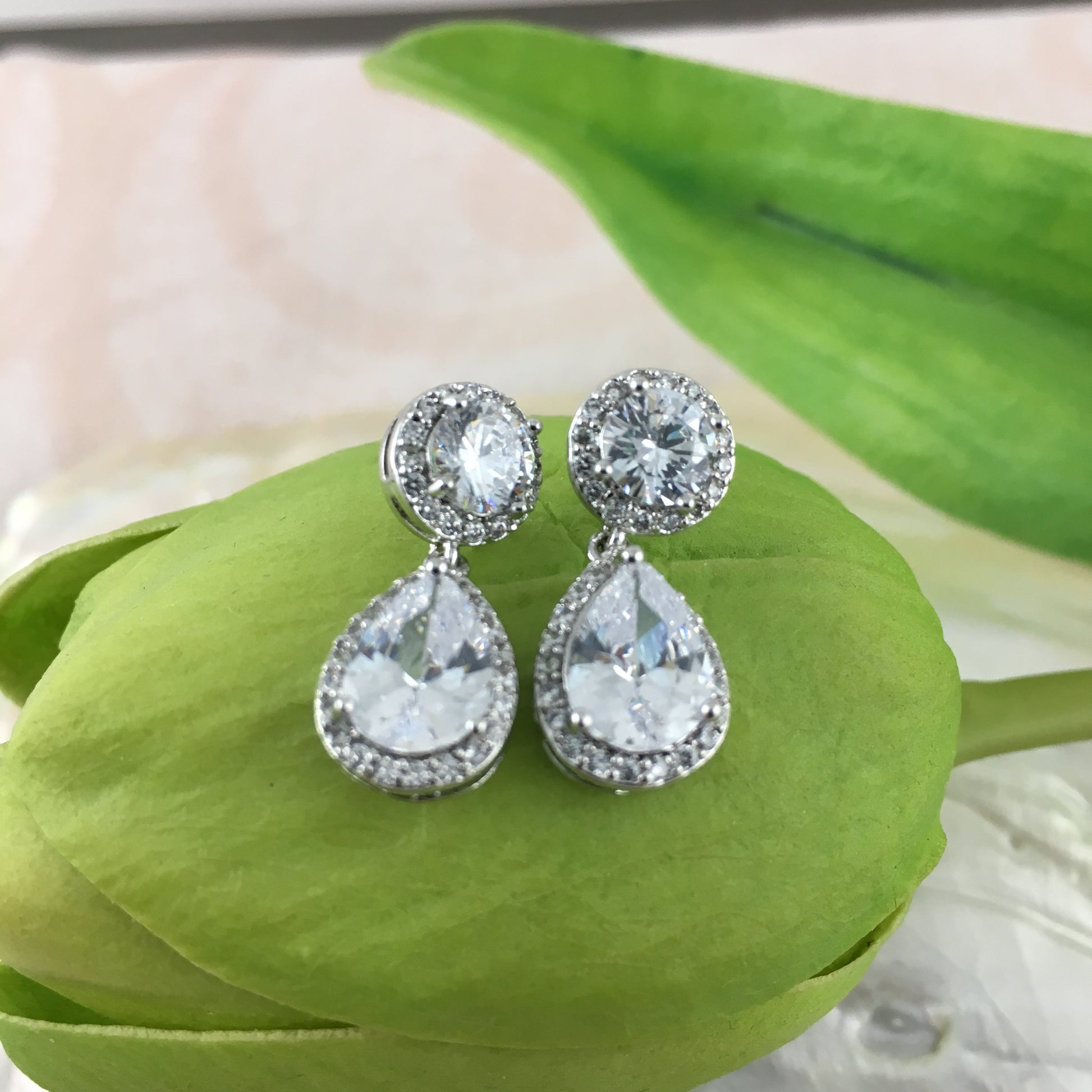 Bridal Cubic Zirconia Round with Dangle Tear Drop Earrings, 18K Plated | Bellaire Wholesale