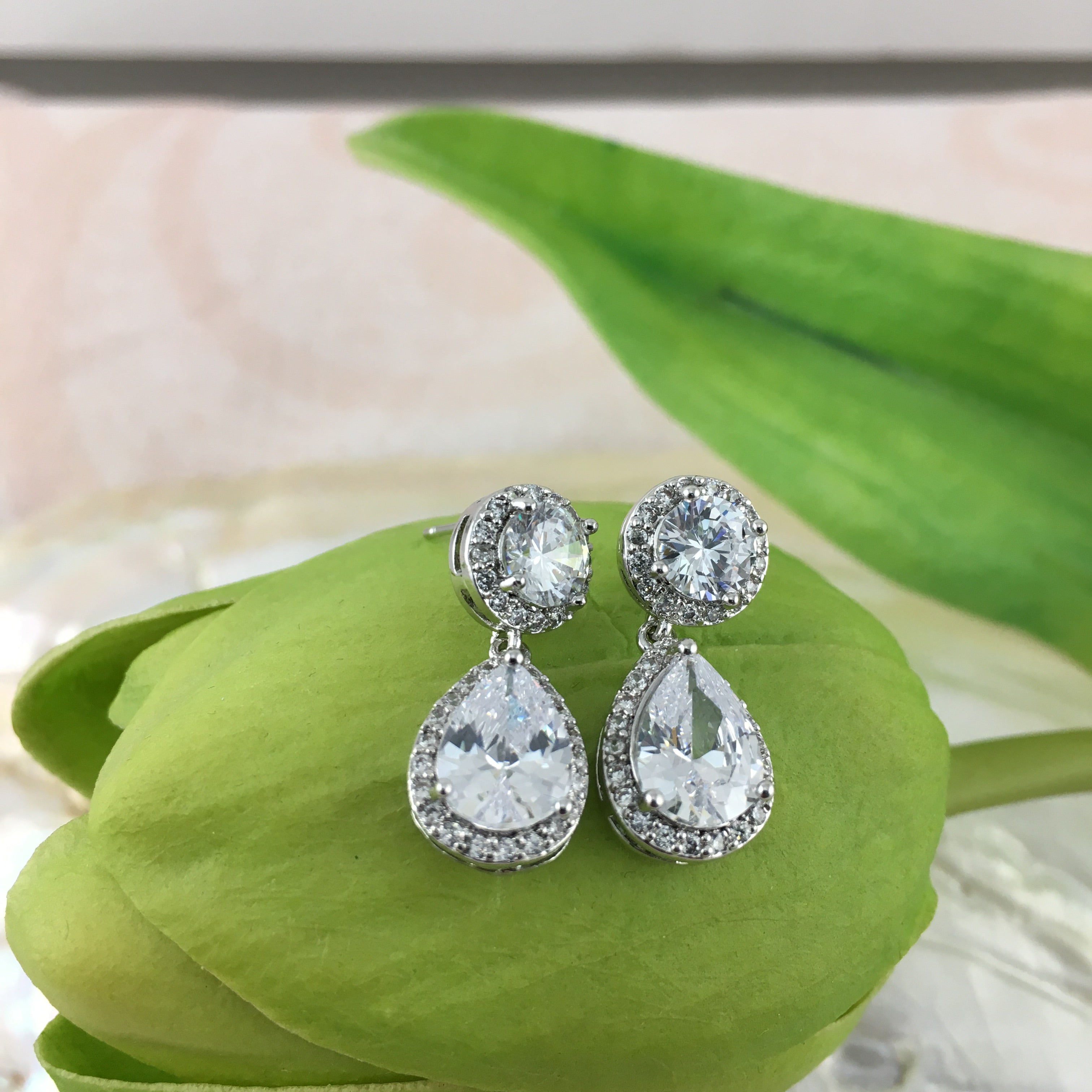 Bridal Cubic Zirconia Round with Dangle Tear Drop Earrings, 18K Plated | Bellaire Wholesale