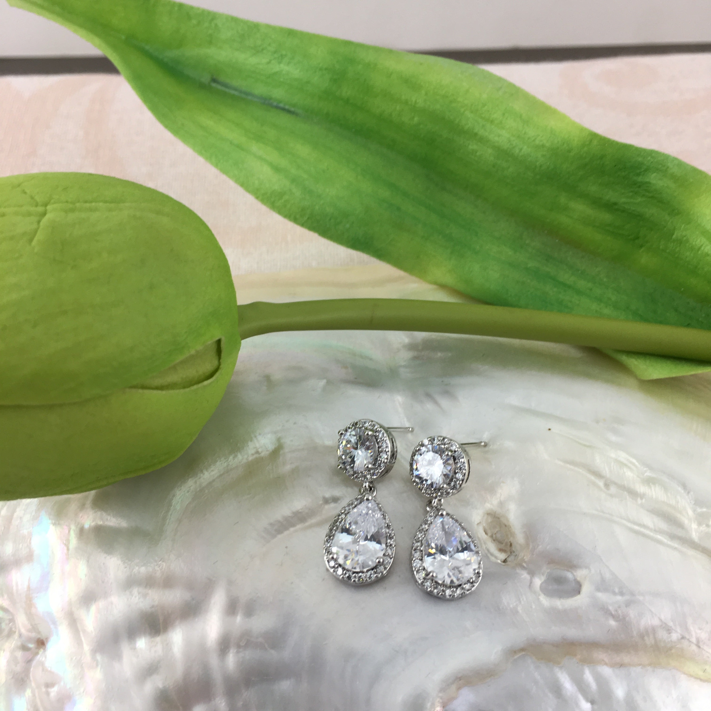 Bridal Cubic Zirconia Round with Dangle Tear Drop Earrings, 18K Plated | Bellaire Wholesale