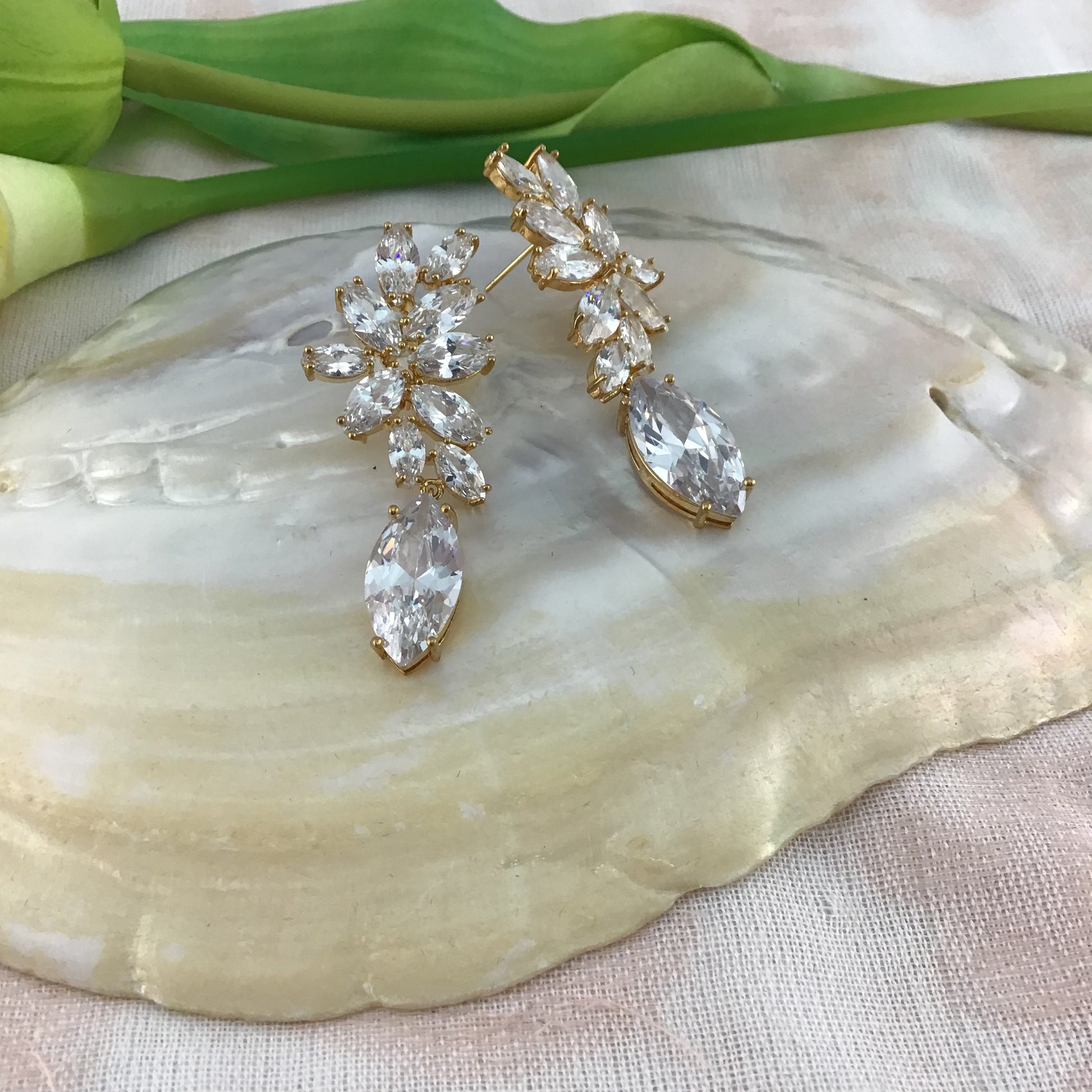 Bridal Gold Cubic Zirconia Earrings, Flower Teardrop | Bellaire Wholesale