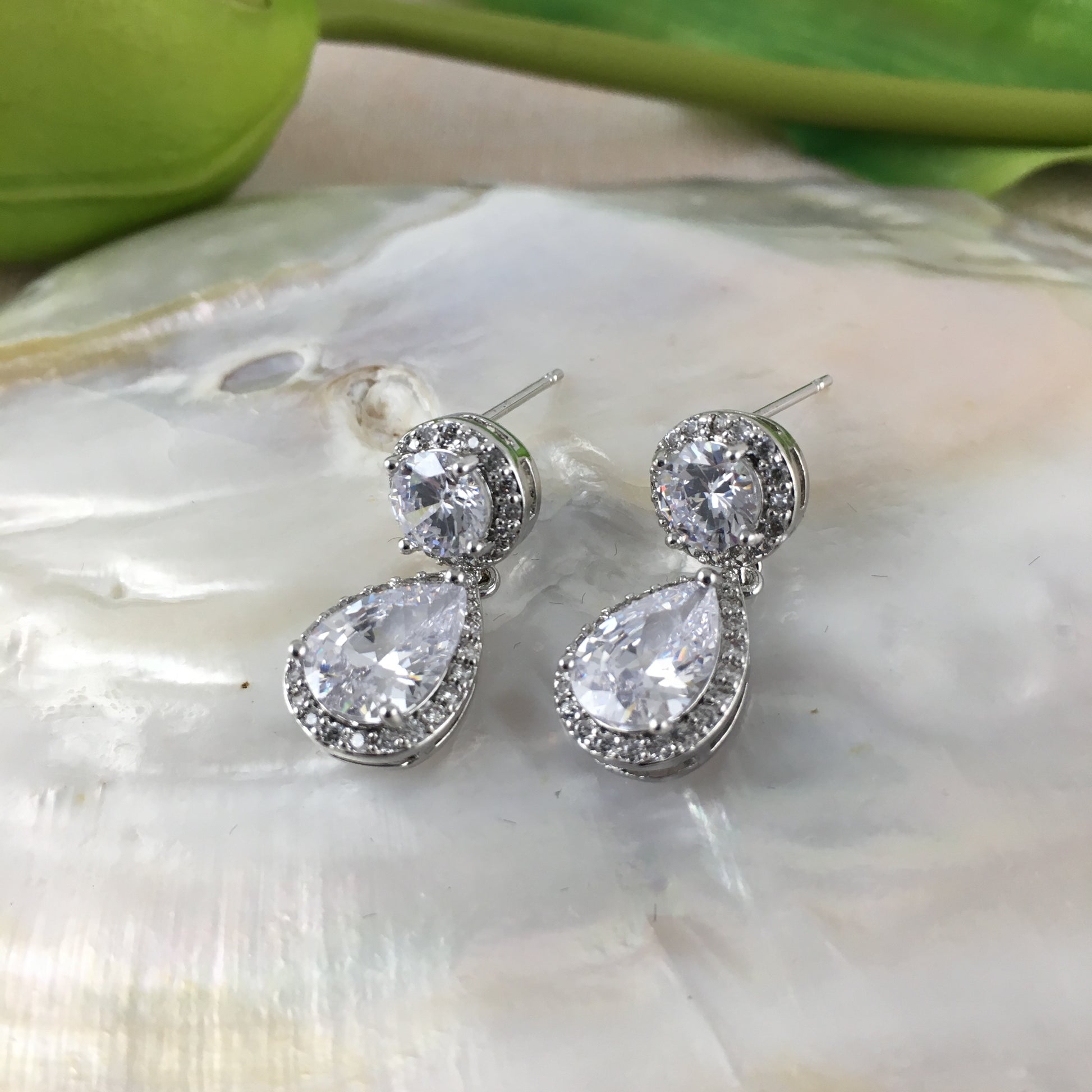 Bridal Cubic Zirconia Round with Dangle Tear Drop Earrings, 18K Plated | Bellaire Wholesale