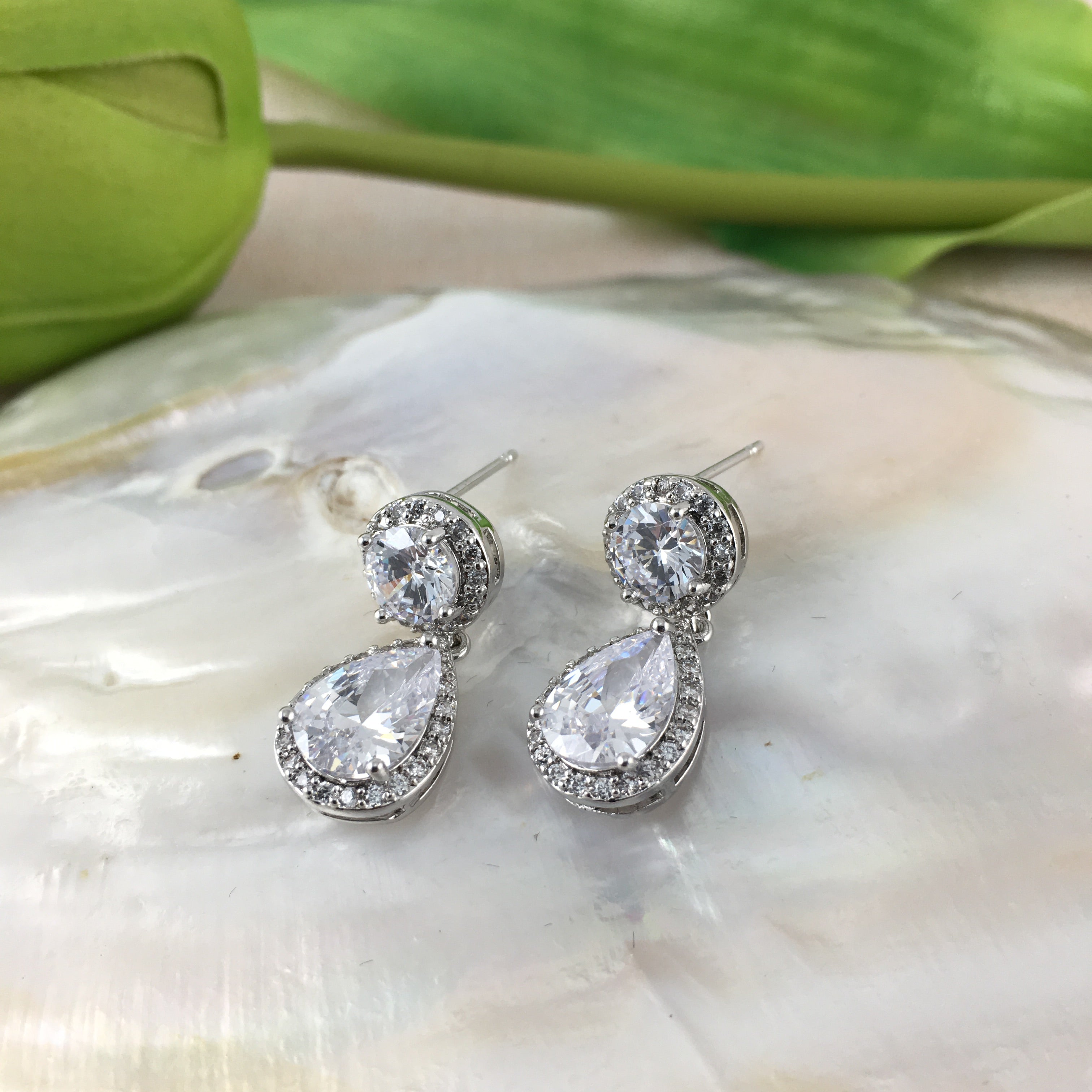 Bridal Cubic Zirconia Round with Dangle Tear Drop Earrings, 18K Plated | Bellaire Wholesale