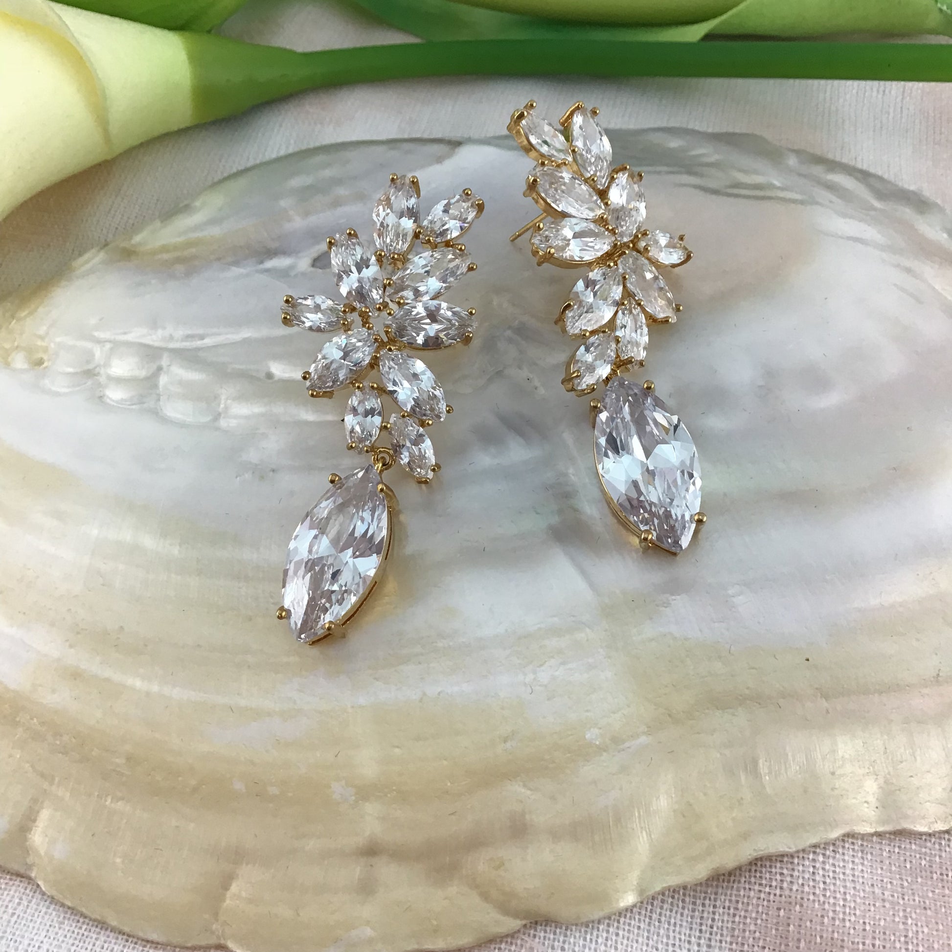 Bridal Gold Cubic Zirconia Earrings, Flower Teardrop | Bellaire Wholesale