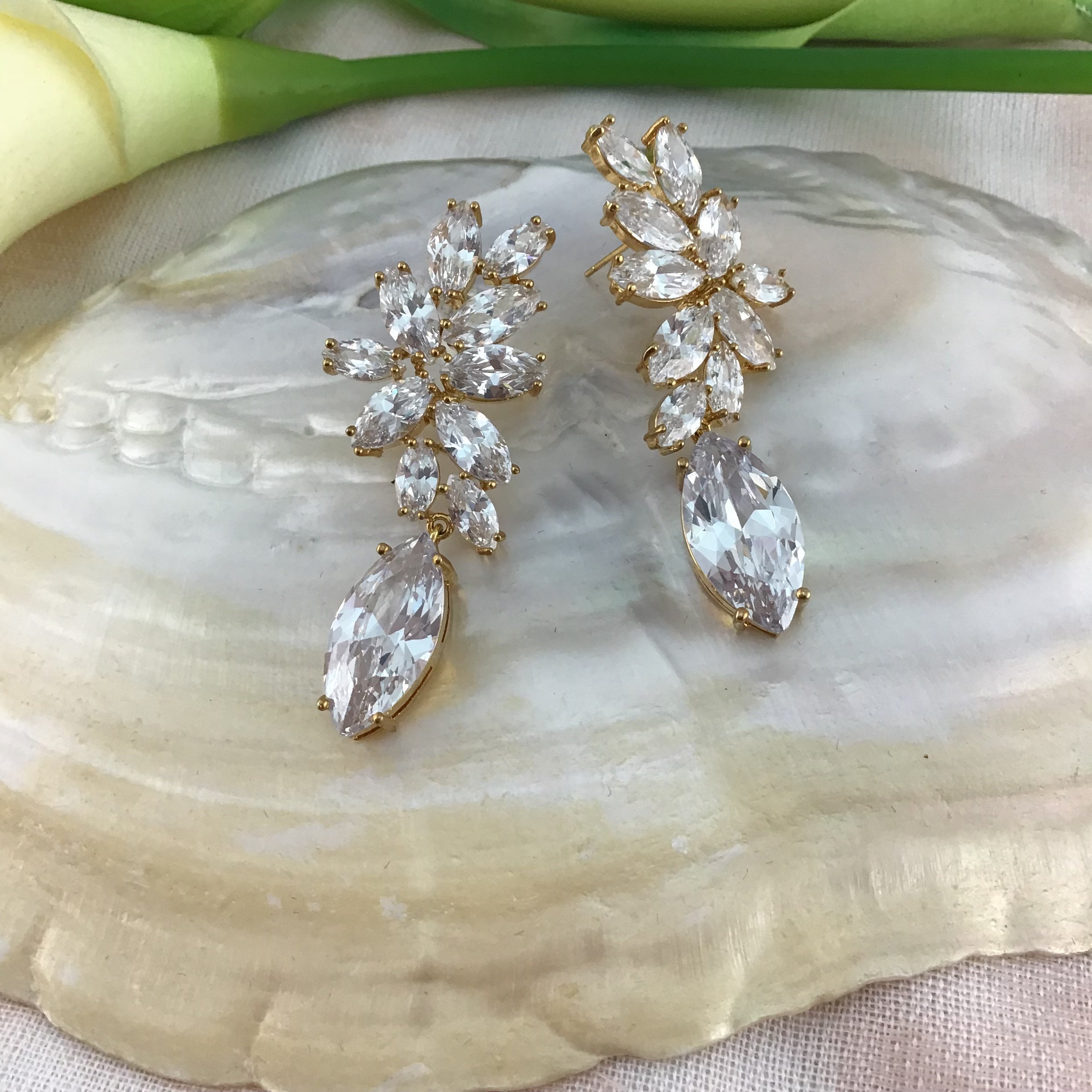 Bridal Gold Cubic Zirconia Earrings, Flower Teardrop | Bellaire Wholesale