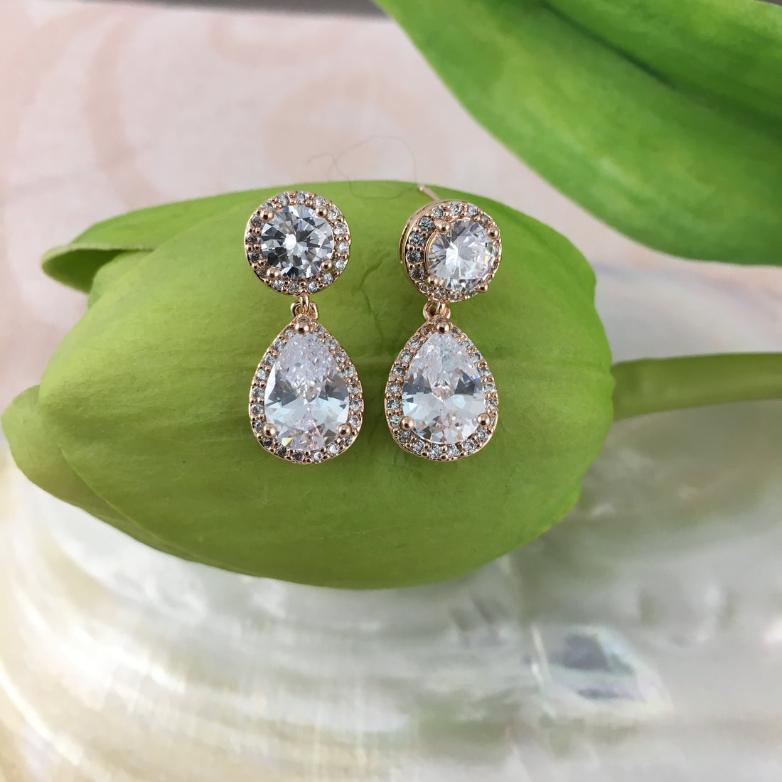 Bridal Cubic Zirconia Round with Dangle Tear Drop Earrings, 18K Plated | Bellaire Wholesale
