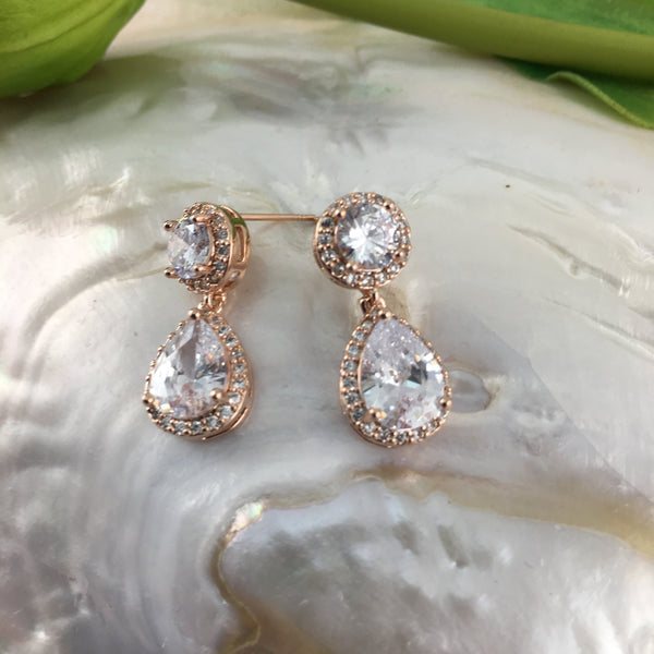 Bridal Cubic Zirconia Round with Dangle Tear Drop Earrings, 18K Plated | Bellaire Wholesale