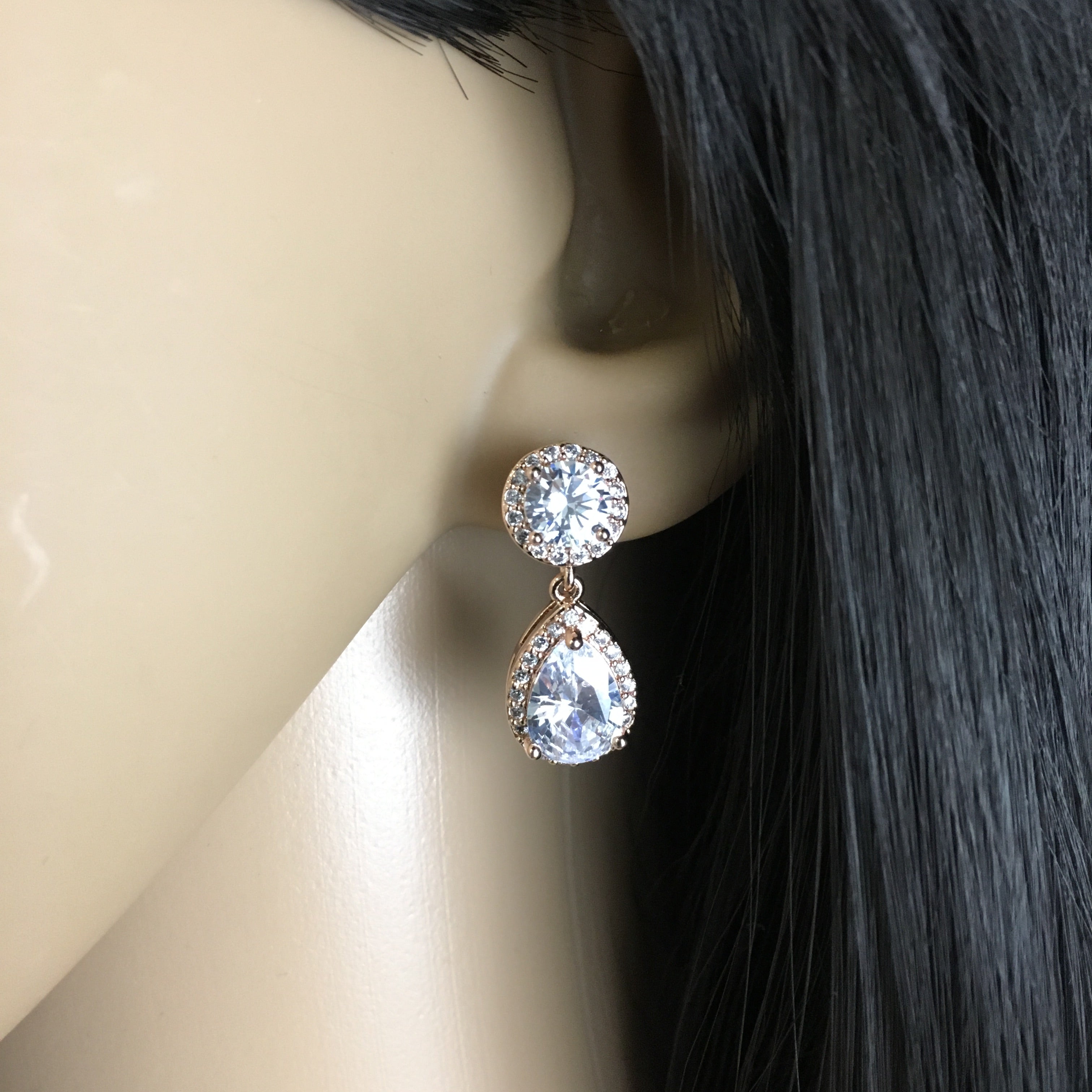 Bridal Cubic Zirconia Round with Dangle Tear Drop Earrings, 18K Plated | Bellaire Wholesale