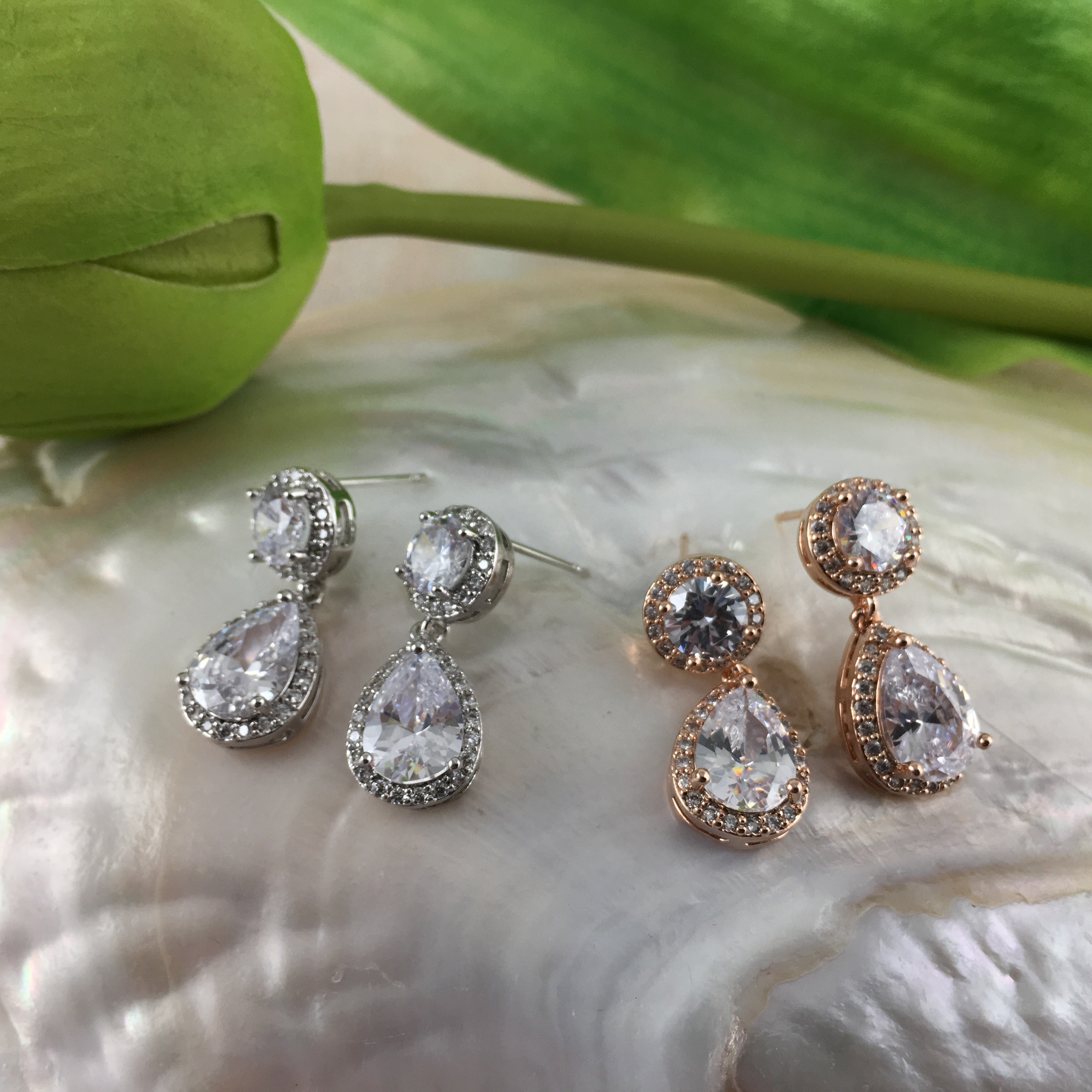 Bridal Cubic Zirconia Round with Dangle Tear Drop Earrings, 18K Plated | Bellaire Wholesale