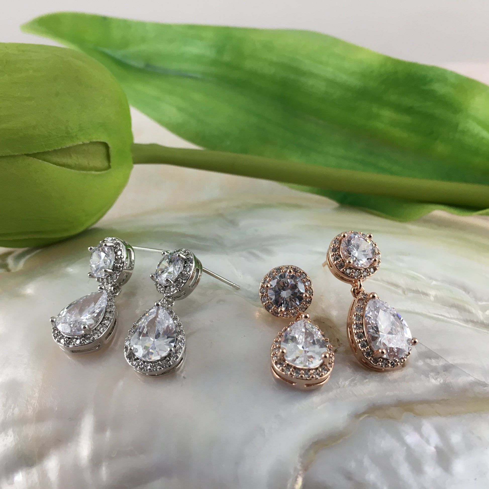 Bridal Cubic Zirconia Round with Dangle Tear Drop Earrings, 18K Plated | Bellaire Wholesale
