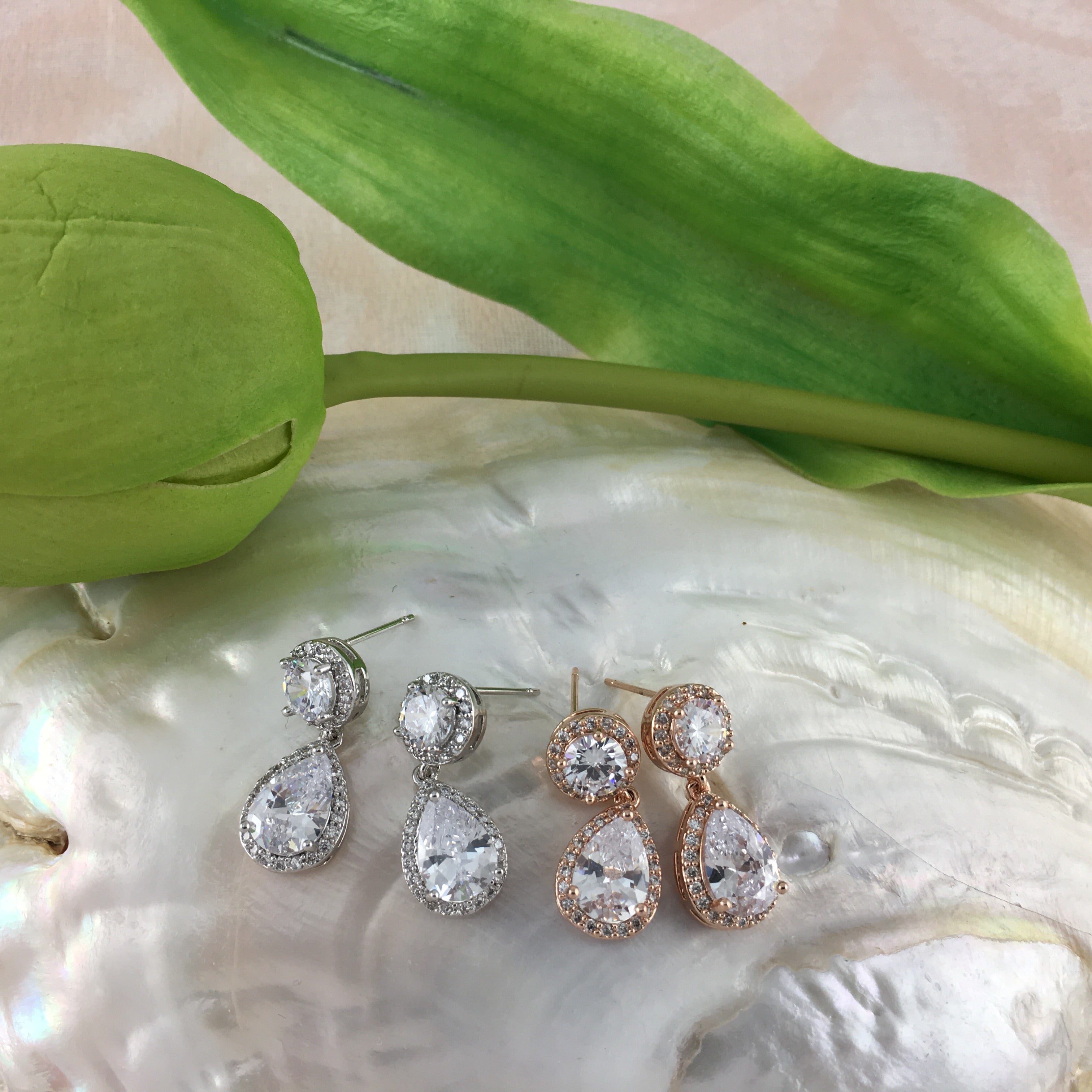 Bridal Cubic Zirconia Round with Dangle Tear Drop Earrings, 18K Plated | Bellaire Wholesale