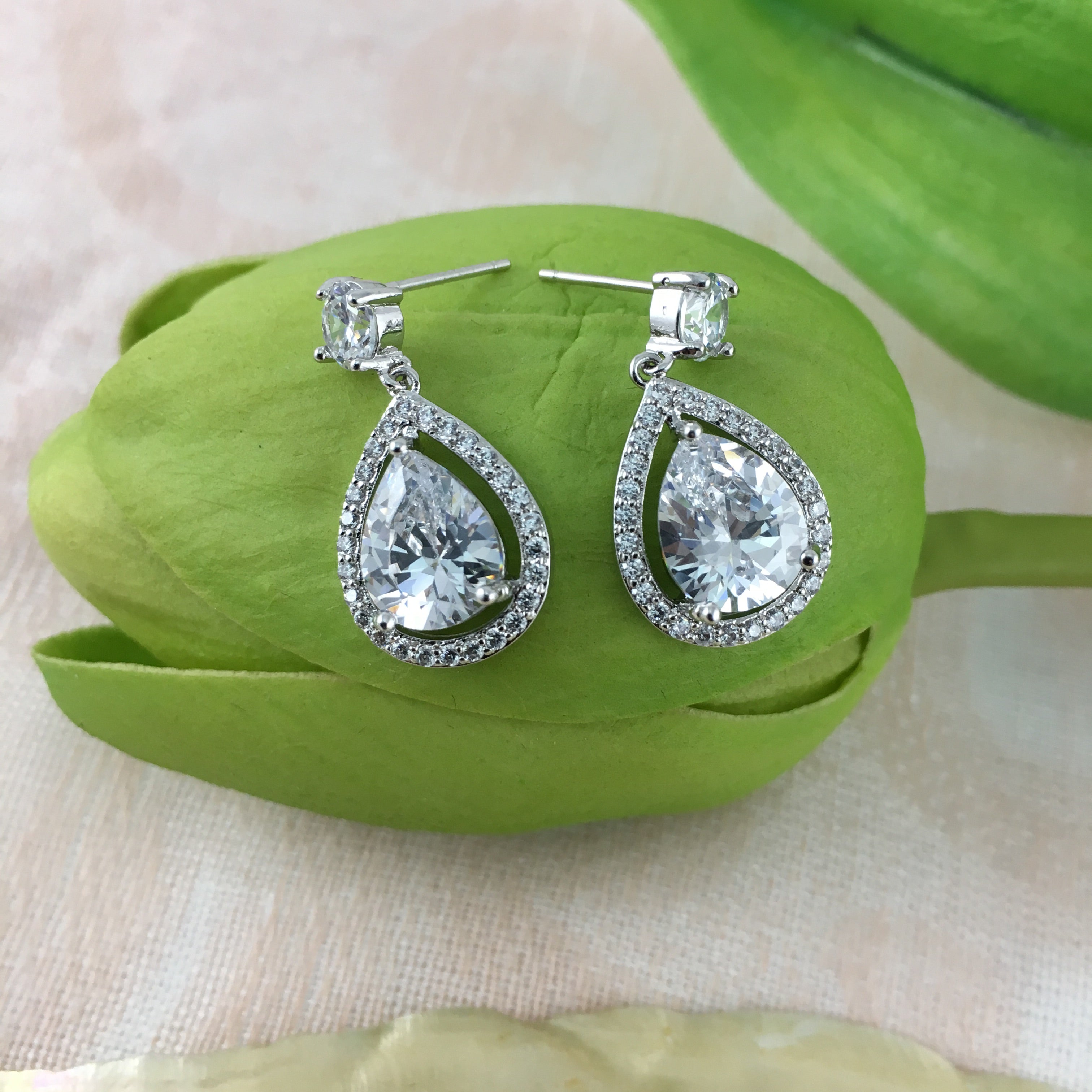 Bridal Cubic Zirconia Halo Tear Drop Earrings, 18K Plated | Bellaire Wholesale