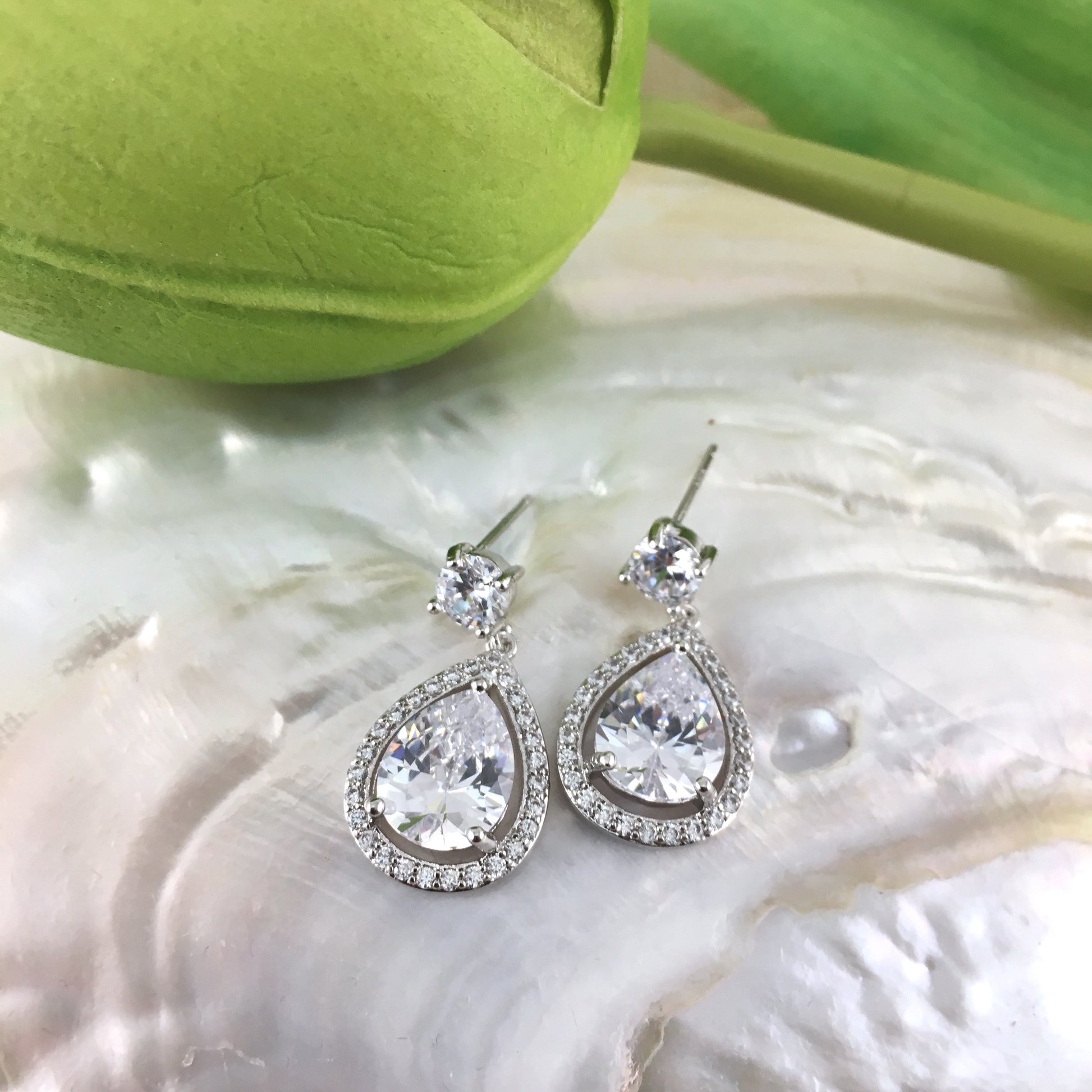 Bridal Cubic Zirconia Halo Tear Drop Earrings, 18K Plated | Bellaire Wholesale