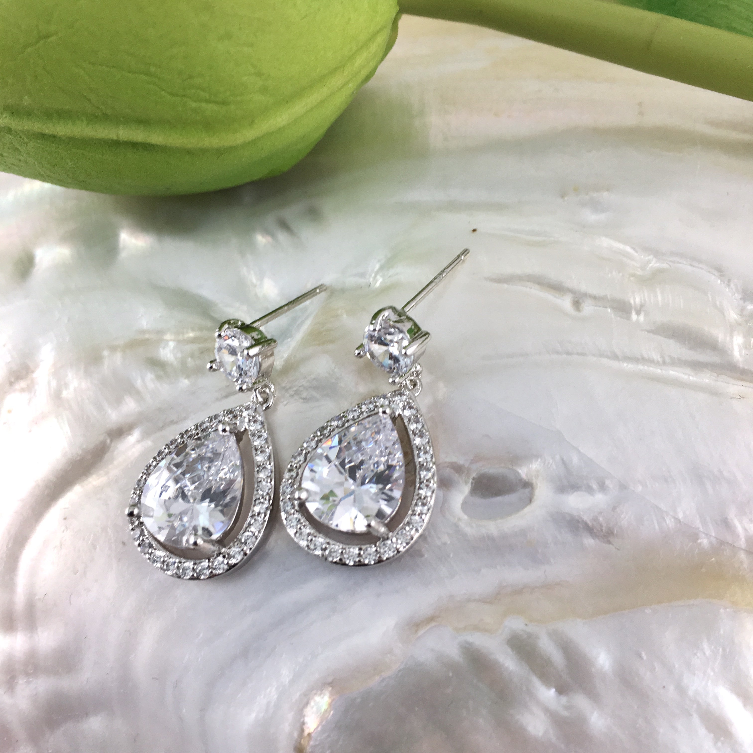 Bridal Cubic Zirconia Halo Tear Drop Earrings, 18K Plated | Bellaire Wholesale