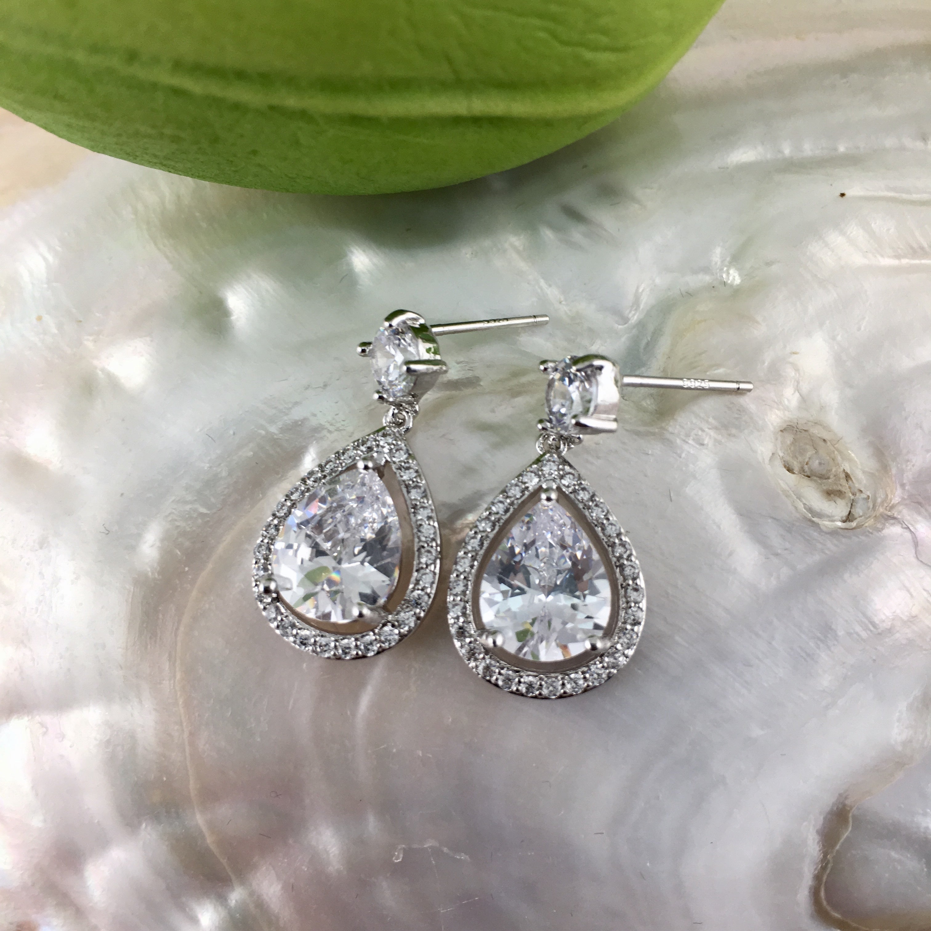 Bridal Cubic Zirconia Halo Tear Drop Earrings, 18K Plated | Bellaire Wholesale