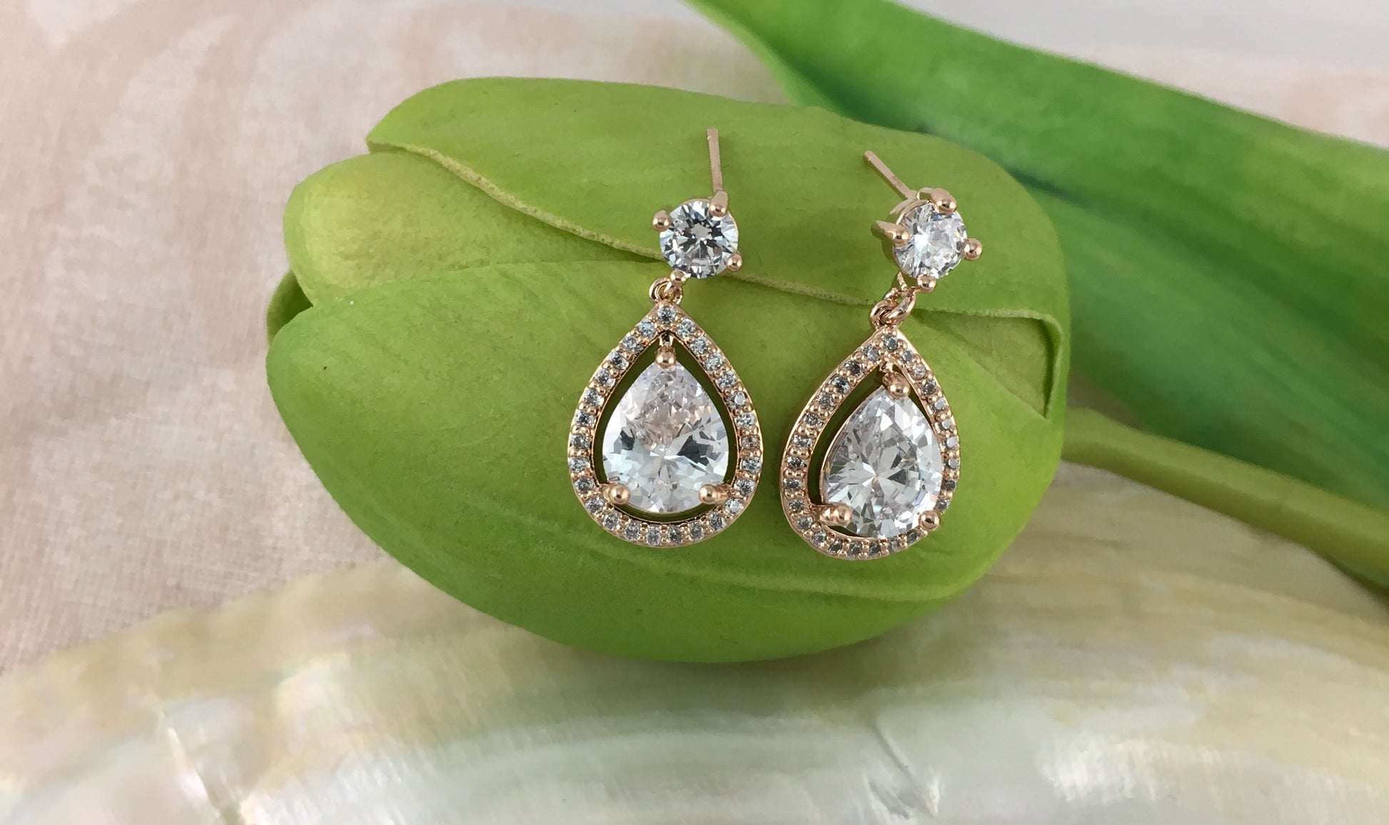 Bridal Cubic Zirconia Halo Tear Drop Earrings, 18K Plated | Bellaire Wholesale