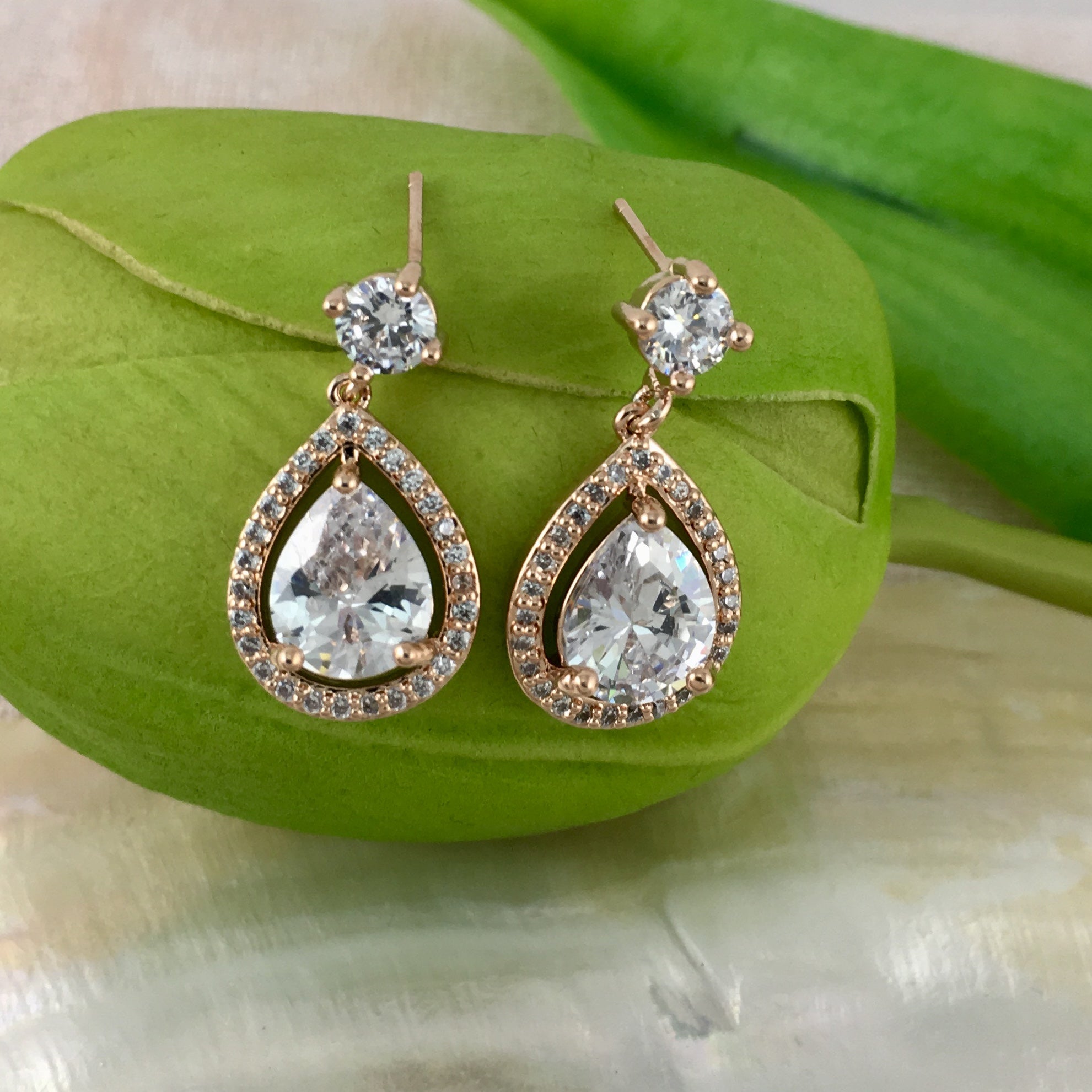 Bridal Cubic Zirconia Halo Tear Drop Earrings, 18K Plated | Bellaire Wholesale