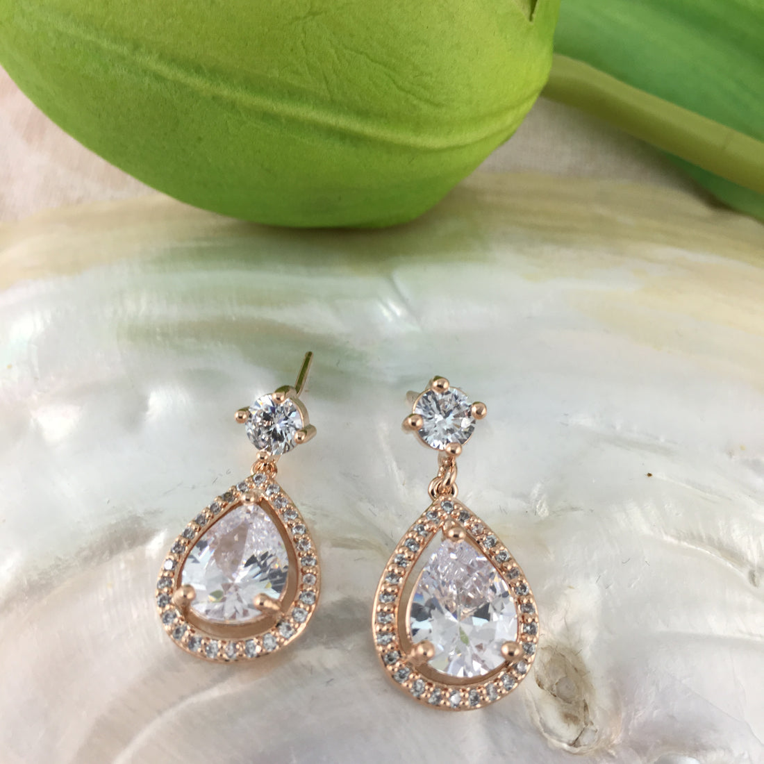 Bridal Cubic Zirconia Halo Tear Drop Earrings, 18K Plated | Bellaire Wholesale